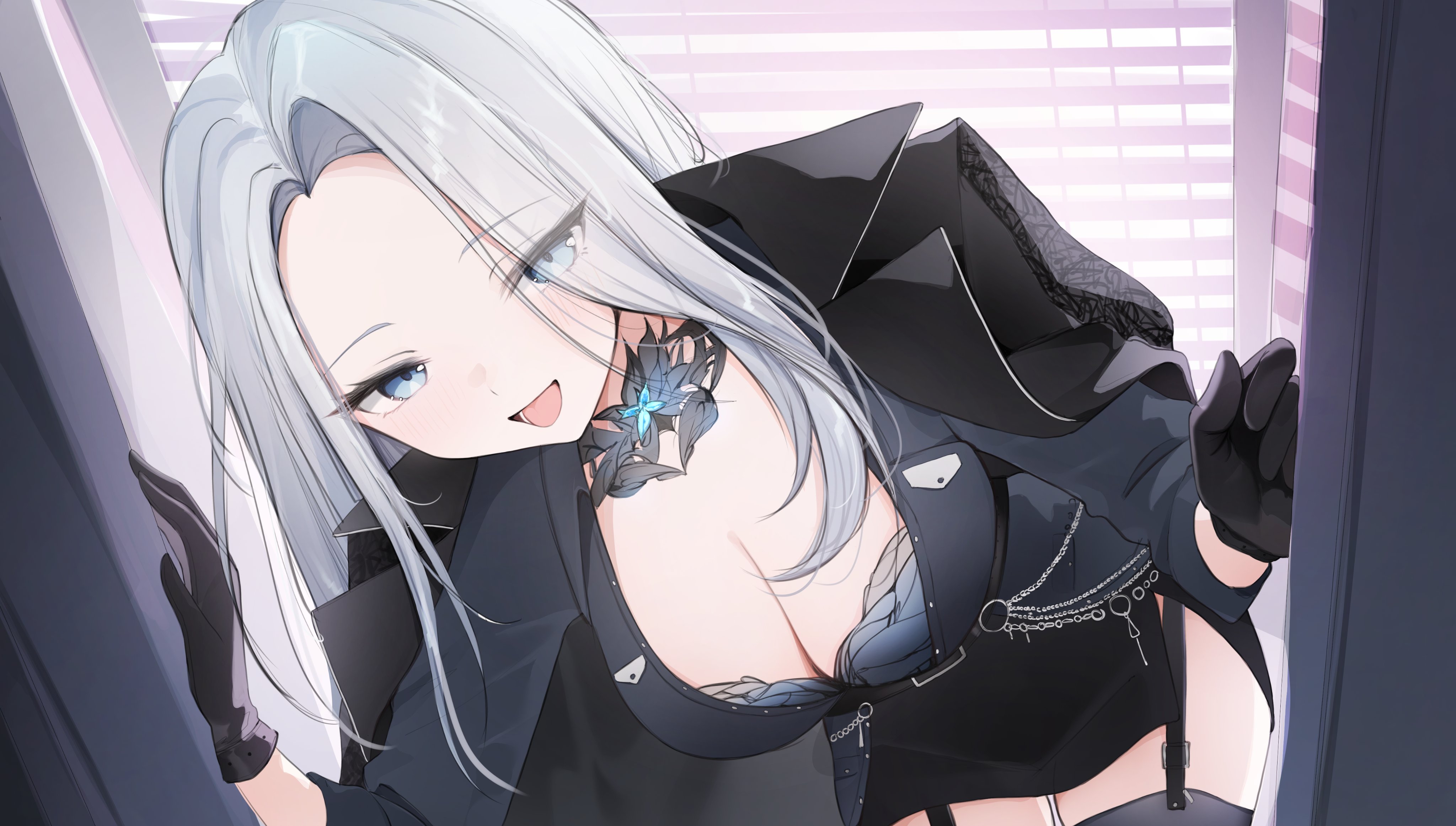 yumiewuri, monarch (amalee), monarch (mafia) (amalee), indie virtual youtuber, absurdres, commission, highres, 1girl, black coat, black gloves, black jacket, black skirt, blue bra, bra, breasts, cleavage, coat, coat on shoulders, curtains, doorway, eyes visible through hair, garter straps, gloves, jacket, large breasts, looking at viewer, open mouth, pov doorway, skirt, underwear, virtual youtuber, white hair