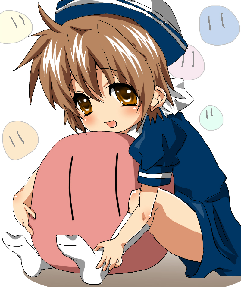 shouno kotarou, okazaki ushio, clannad, dango daikazoku, white legwear, bad id, bad pixiv id, 00s, 1girl, brown eyes, brown hair, dango, dixie cup hat, dress, food, hat, military hat, sailor, sailor collar, sailor dress, short hair, socks, wagashi