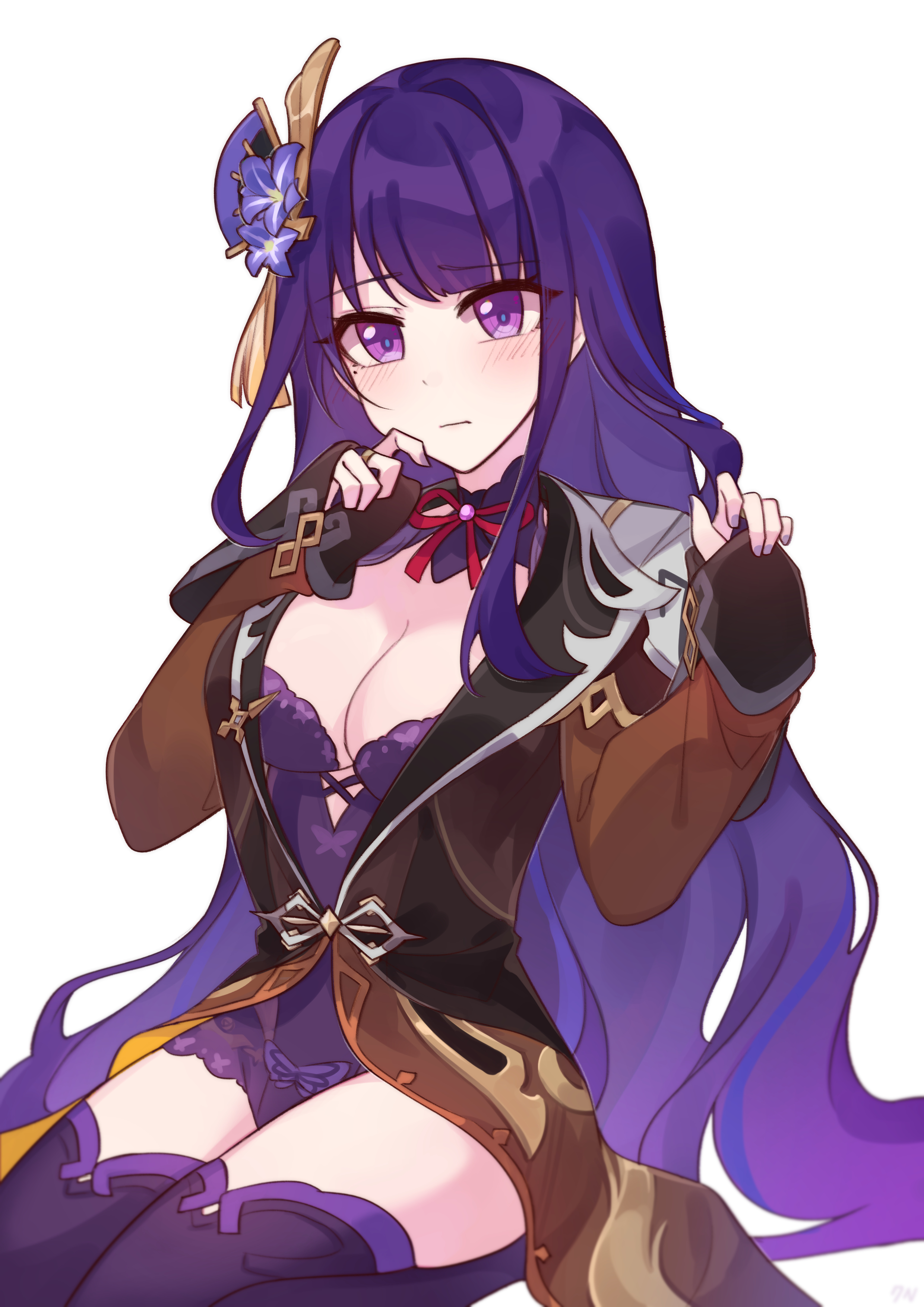 c520gpss, raiden shogun, zhongli (genshin impact), genshin impact, absurdres, chinese commentary, highres, 1girl, alternate costume, blue pupils, blunt bangs, blush, breasts, brown coat, brown suit, bug, butterfly, cleavage, closed mouth, coat, cosplay, embarrassed, fan hair ornament, flower, flower ornament, formal clothes, gradient hair, hair down, hair ornament, head tilt, insect, large breasts, lingerie, long hair, looking at viewer, mole, mole under eye, multicolored hair, neck ribbon, purple eyes, purple flower, purple hair, purple nails, purple thighhighs, red ribbon, ribbon, shade, shy, simple background, solo, streaked hair, suit, suit coat, thick thighs, thighhighs, thighs, underwear, upper body, very long hair, wavy hair, white background, zhongli (genshin impact) (cosplay)