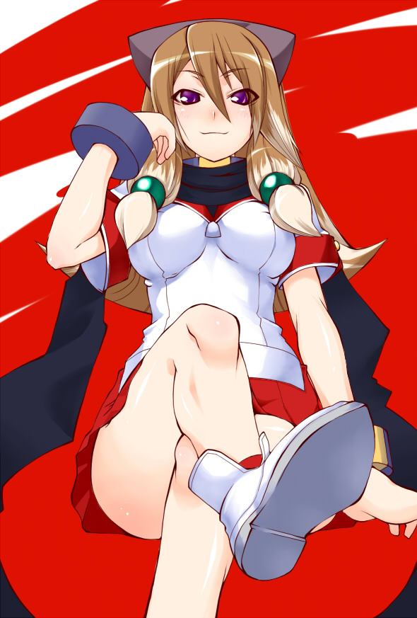 torimaru, inuwaka akane, aq interactive, arcana heart, arcana heart 2, atlus, examu, bad id, bad pixiv id, 1girl, animal ears, bracelet, breasts, brown hair, covered erect nipples, crossed legs, female focus, hair ornament, jewelry, long hair, medium breasts, purple eyes, scarf, school uniform, serafuku, shoes, sitting, skirt, smile, solo, turtleneck