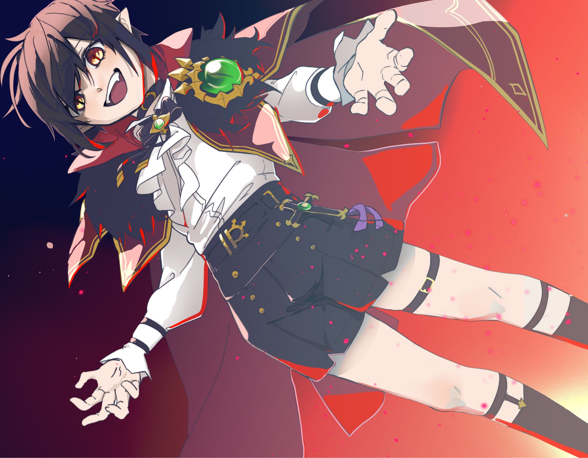 datenshi no fu, ragnarok masters, ragnarok online, commentary request, highres, 1boy, :d, black bow, black bowtie, black choker, black shorts, black socks, bow, bowtie, brooch, brown hair, cape, choker, despair god morroc, feet out of frame, fur collar, gradient background, jewelry, long sleeves, looking at viewer, male focus, open mouth, orange background, orange eyes, pointy ears, purple background, reaching, reaching towards viewer, red cape, shirt, short hair, shorts, sideways, slit pupils, smile, socks, solo, standing, teeth, thigh strap, upper teeth only, white shirt