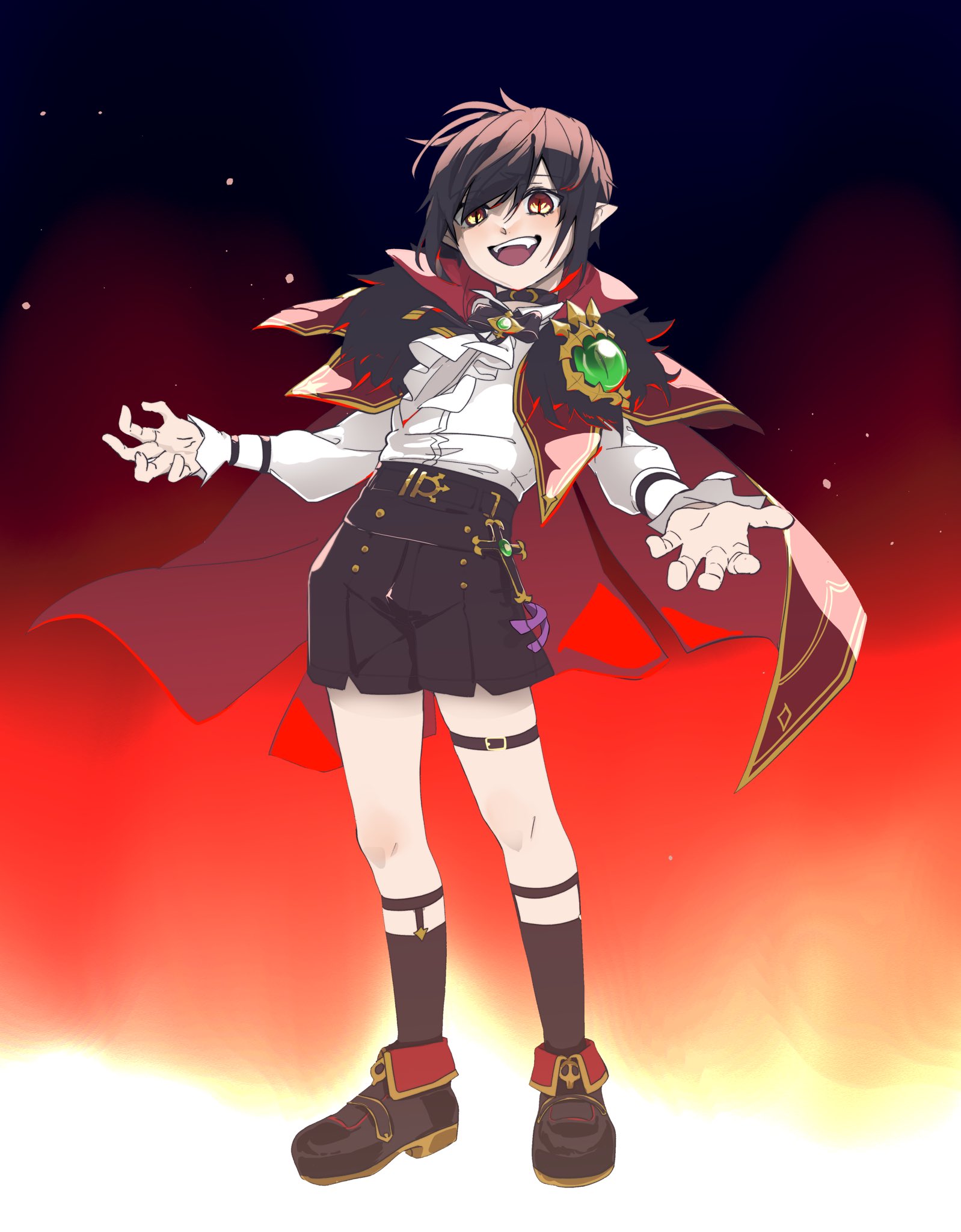 datenshi no fu, ragnarok masters, ragnarok online, commentary request, highres, 1boy, :d, black bow, black bowtie, black choker, black shorts, black socks, bow, bowtie, brooch, brown hair, cape, choker, despair god morroc, full body, fur collar, gradient background, jewelry, long sleeves, looking at viewer, male focus, open mouth, orange background, orange eyes, pointy ears, purple background, reaching, reaching towards viewer, red cape, shirt, short hair, shorts, slit pupils, smile, socks, solo, standing, teeth, thigh strap, upper teeth only, white shirt