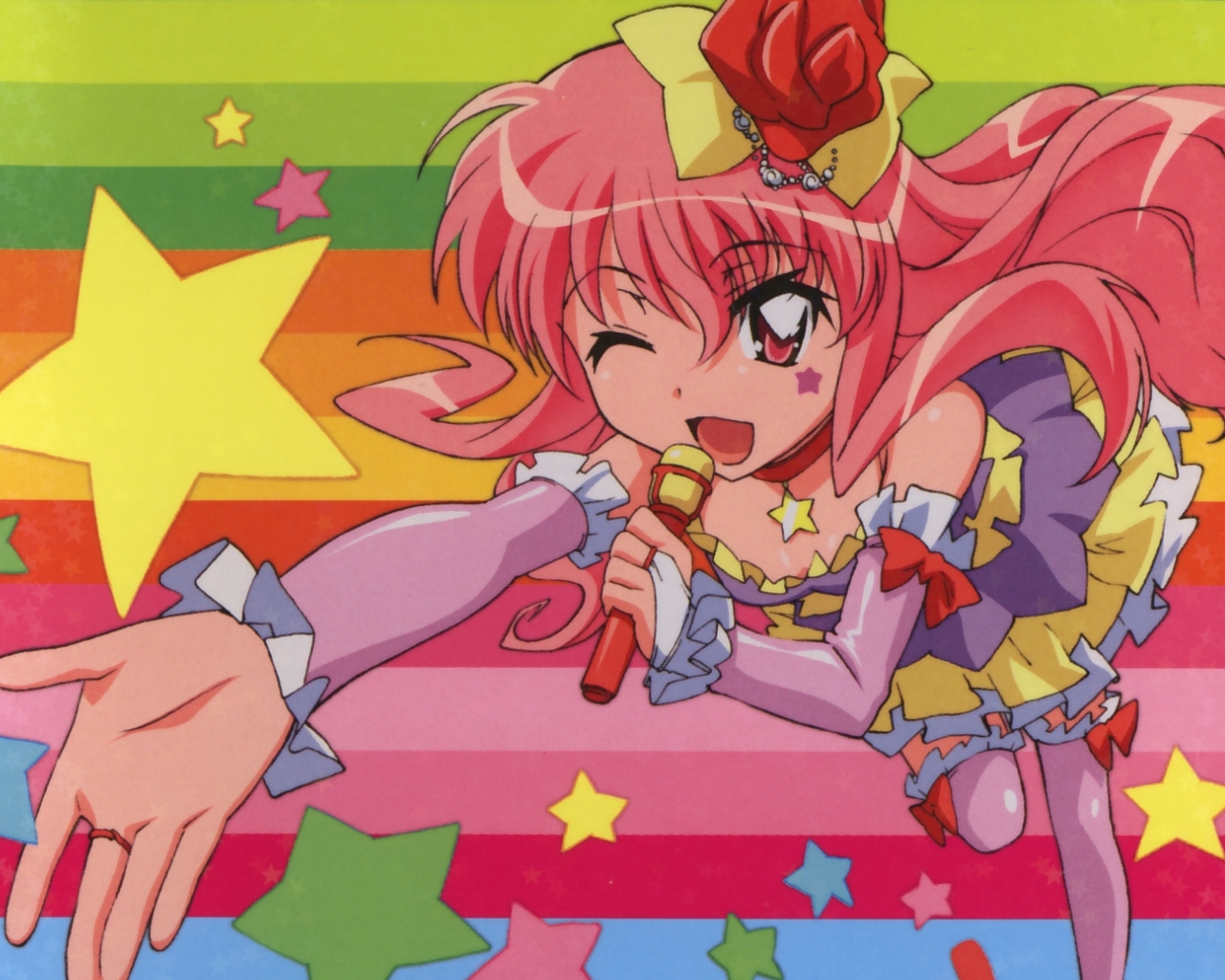 louise francoise le blanc de la valliere, zero no tsukaima, artist request, non-web source, 00s, choker, detached sleeves, idol, jewelry, long hair, microphone, one eye closed, pink eyes, pink hair, ring, solo, star (symbol), thighhighs, wink
