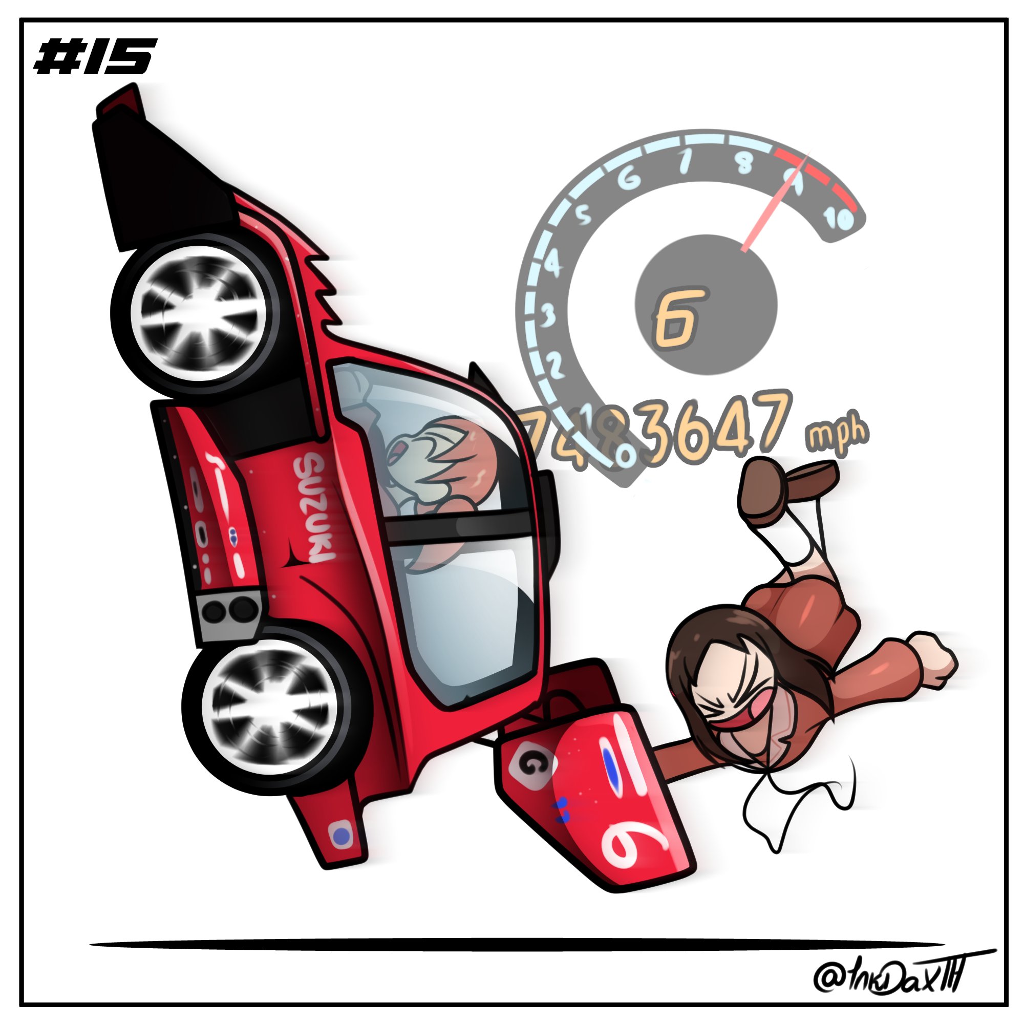 1nkdax, kasuga ayumu, mihama chiyo, azumanga daiou, gran turismo, suzuki (company), commentary, english commentary, highres, > <, 2girls, :d, :o, ^ ^, azumanga daioh's school uniform, brown hair, brown shirt, brown shoes, car, closed eyes, driving, motor vehicle, multiple girls, open mouth, orange hair, parody, race vehicle, racecar, red car, sailor collar, school uniform, serafuku, shirt, shoes, simple background, smile, spoiler (automobile), suzuki escudo, twintails, twitter username, vehicle focus, white background, white sailor collar, xd