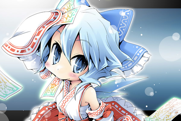 ham (points), cirno, hakurei reimu, touhou, 1girl, alternate costume, cosplay, female focus, gradient background, hakurei reimu (cosplay), loli, mouth hold, solo