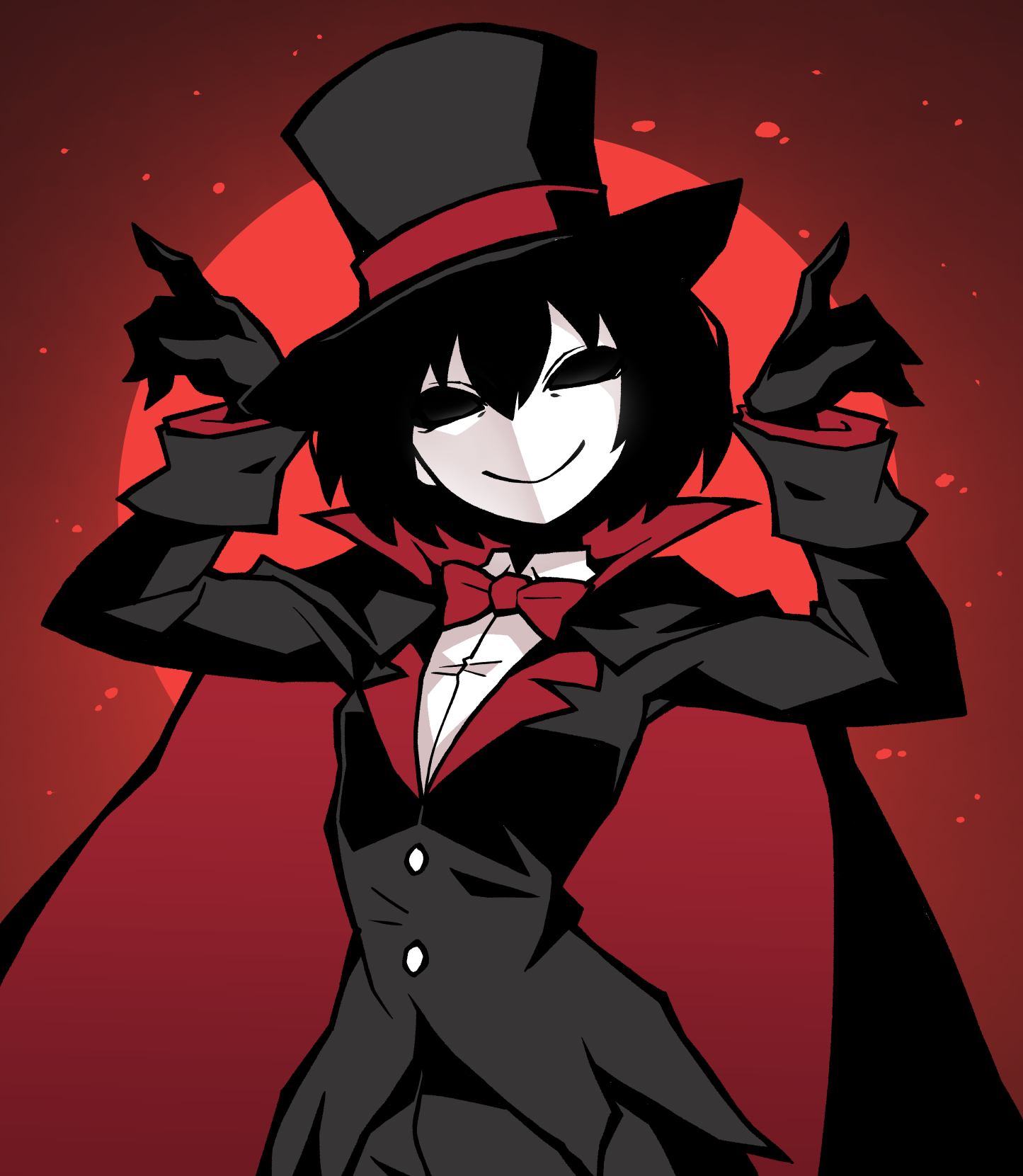 akableak, oshino ougi, monogatari (series), highres, 1girl, black cape, black eyes, black gloves, black hair, black hat, black jacket, black pants, blank eyes, bow, bowtie, cape, closed mouth, collared shirt, colored skin, gloves, hat, jacket, long sleeves, looking at viewer, pants, red background, red bow, red bowtie, red theme, shirt, short hair, simple background, smile, solo, top hat, two-sided fabric, white shirt, white skin