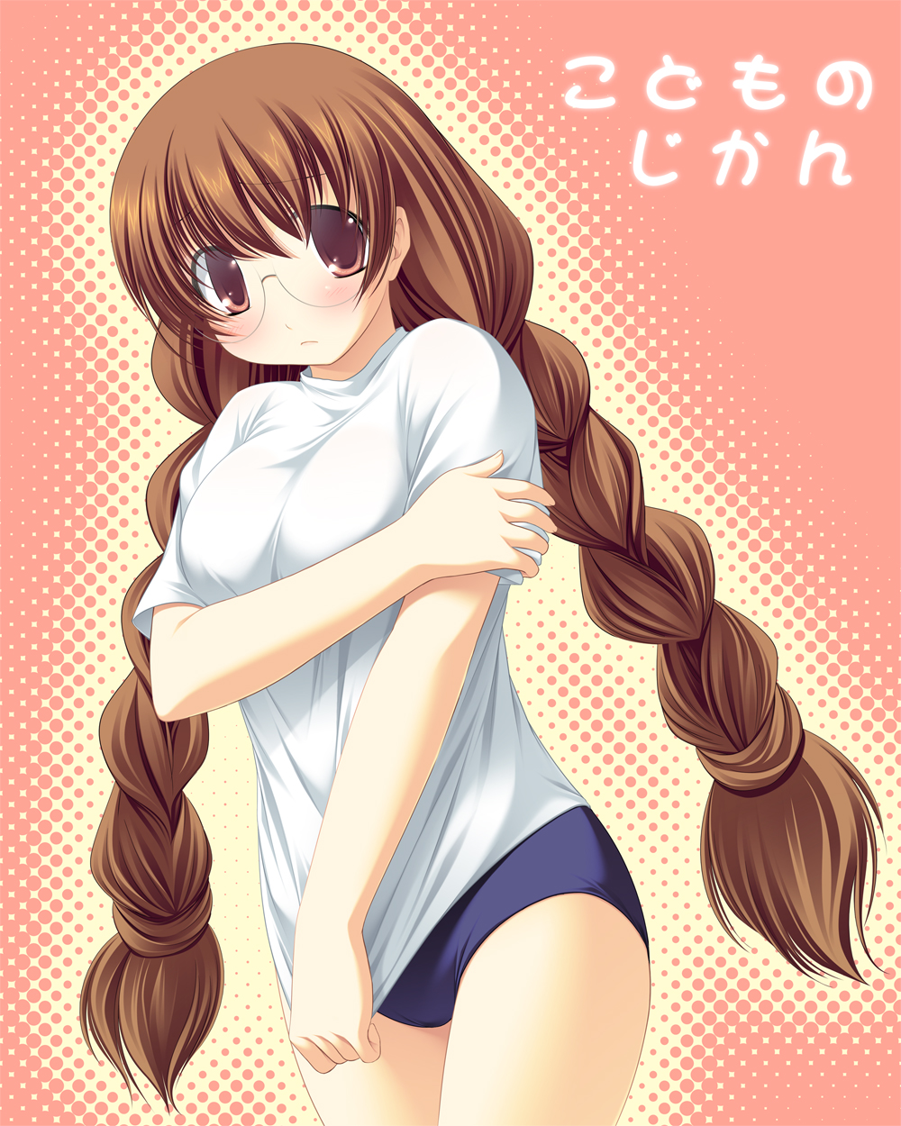 purapa, usa mimi, kodomo no jikan, highres, 00s, 1girl, braid, breasts, brown eyes, brown hair, buruma, child, covering crotch, covering privates, female focus, glasses, gym uniform, long hair, oppai loli, shirt tug, solo, twin braids, very long hair
