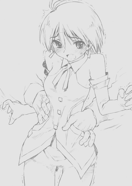 bolze, kikuchi makoto, idolmaster, idolmaster (classic), idolmaster 1, 00s, 1girl, antenna hair, cute & girly (idolmaster), female focus, greyscale, male hand, monochrome, solo
