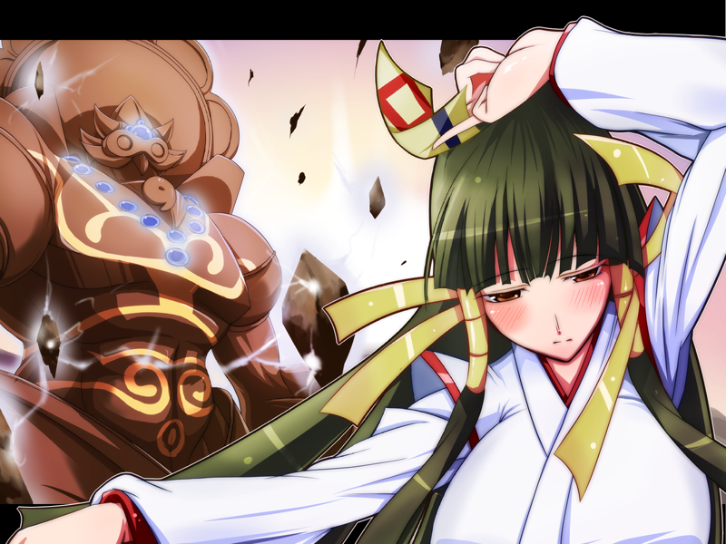 mae (nahabaru), kasuga maori, ohtsuchi, aq interactive, arcana heart, atlus, examu, 1girl, black hair, blunt bangs, blush, breasts, brown eyes, close-up, glowing, hair ribbon, hime cut, japanese clothes, large breasts, letterboxed, long hair, magatama, miko, monster, ofuda, ribbon, rock, very long hair