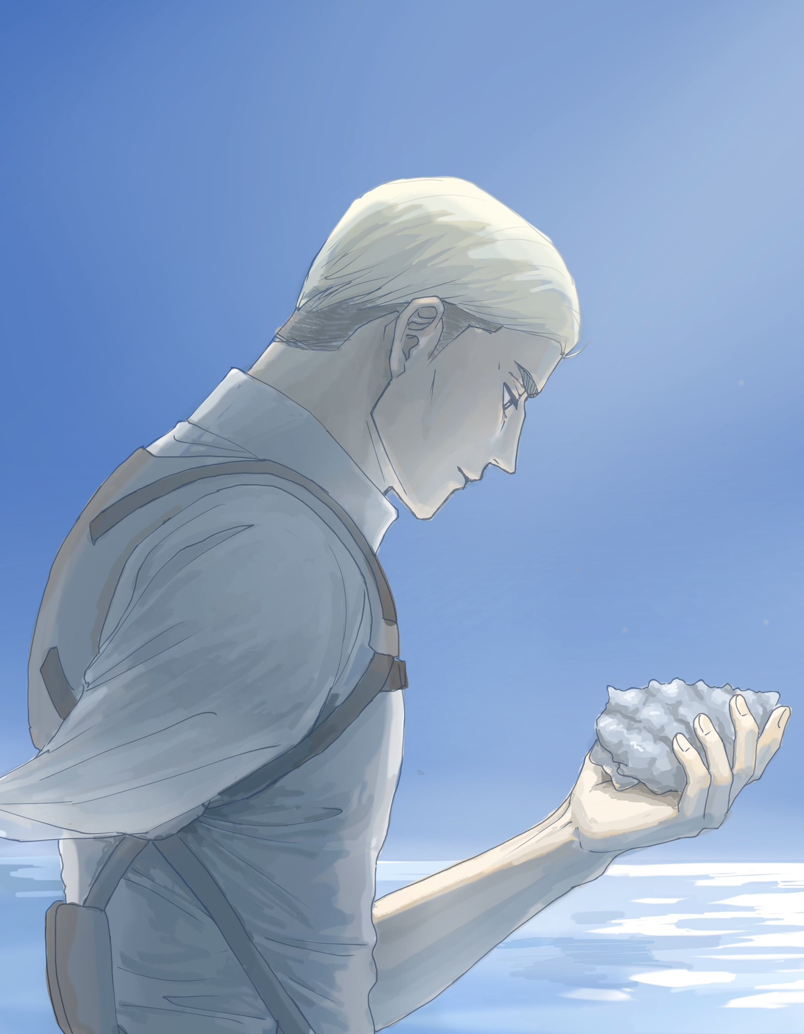 erwin smith, shingeki no kyojin, commentary, hashtag-only commentary, highres, 1boy, amputee, apricitas, aquiline nose, arm up, armless amputee, blonde hair, brown hair, closed mouth, collared shirt, conch, from side, holding, holding shell, looking at object, male focus, medium sideburns, missing limb, nose, profile, shell, shirt, solo, upper body, white shirt