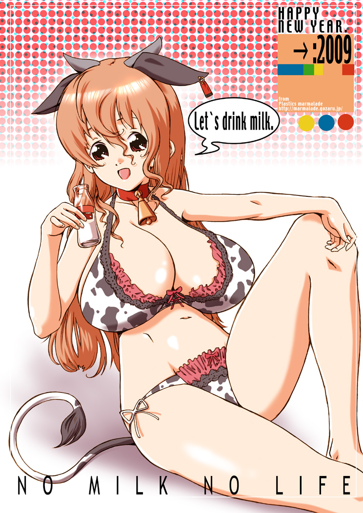 aida kan mori, original, 00s, 1girl, 2009, animal ears, animal print, bell, bottle, bra, breasts, chinese zodiac, cleavage, collar, cow ears, cow girl, cow print, female focus, horns, huge breasts, lingerie, long hair, milk, neck bell, new year, orange hair, sitting, solo, tail, underwear, year of the ox