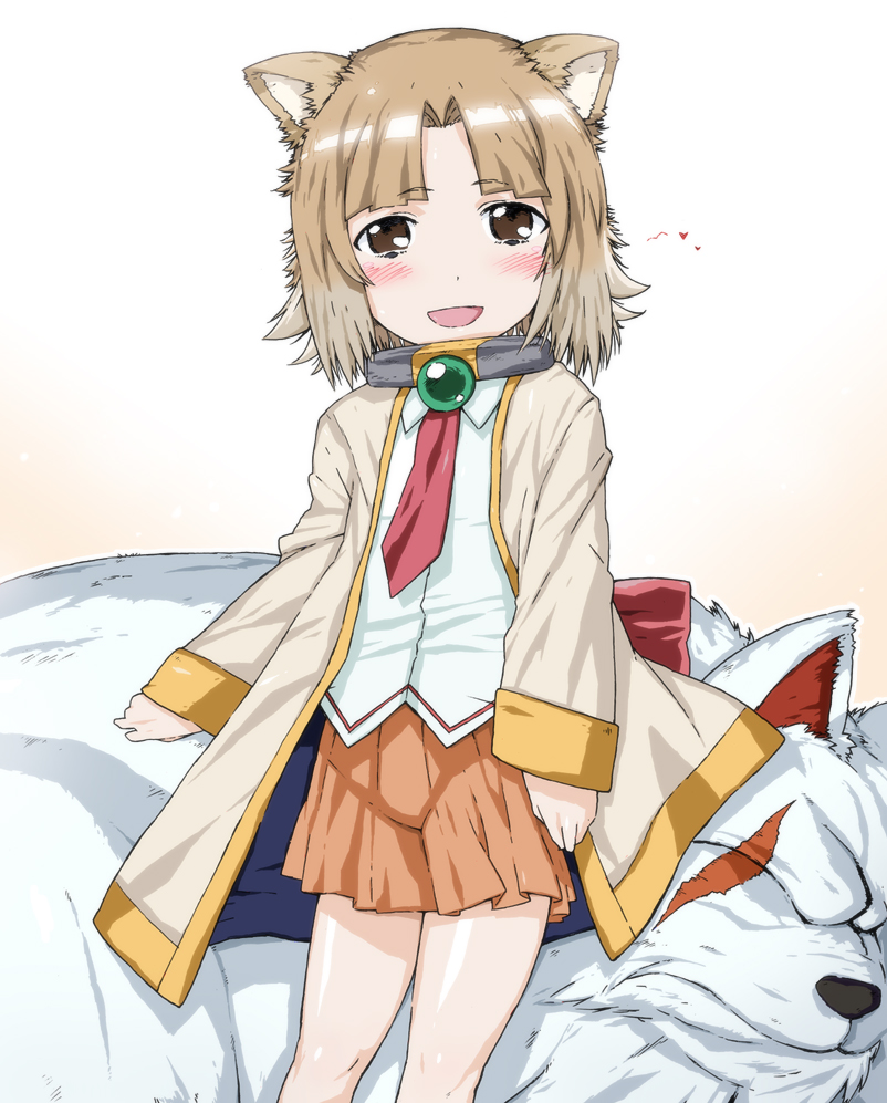 inuwaka nazuna, aq interactive, arcana heart, arcana heart 2, atlus, examu, bad id, bad pixiv id, 1girl, animal, animal ears, blush, brown eyes, brown hair, female focus, misono gakuen school uniform, necktie, school uniform, short hair, skirt, solo, tears, wolf