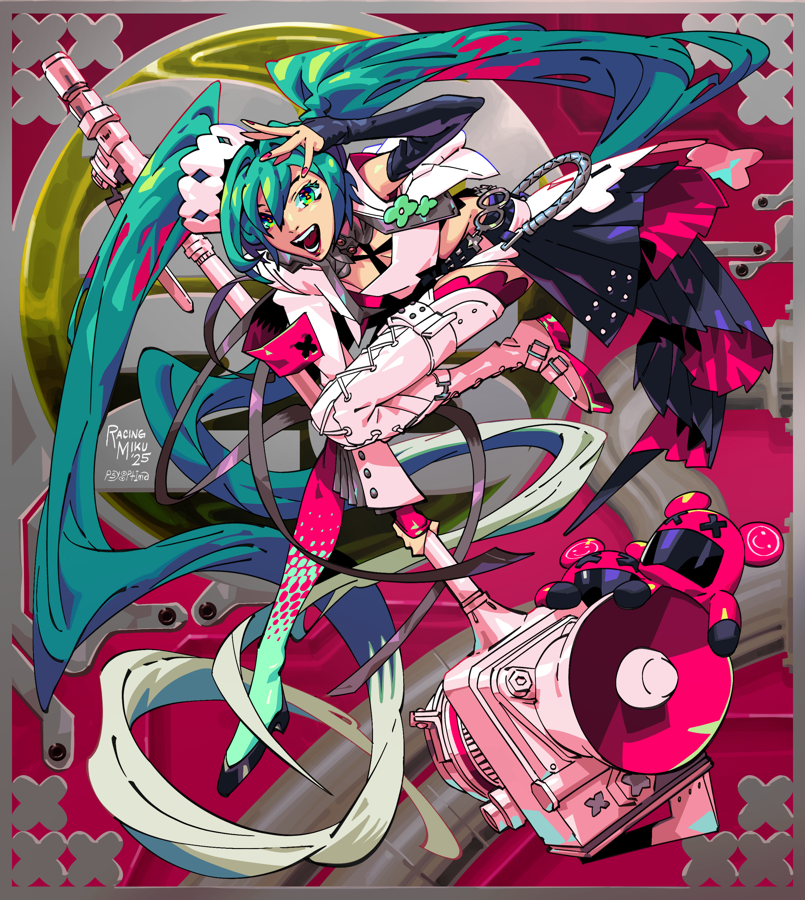 psyoptima, hatsune miku, racing miku, goodsmile company, goodsmile racing, vocaloid, absurdres, commentary, english commentary, highres, 1girl, artist name, boots, character name, lace-up boots, long hair, solo, thigh boots, twintails, very long hair