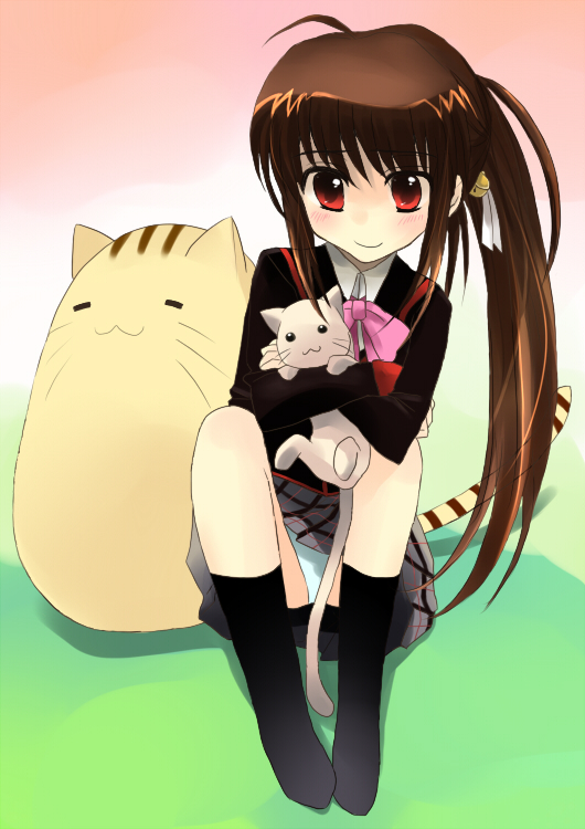 kouno satori, doruji, lennon (little busters!), natsume rin, little busters!, 1girl, bow, brown hair, cat, female focus, long hair, panties, pantyshot, pink bow, ponytail, red eyes, school uniform, sitting, solo, underwear