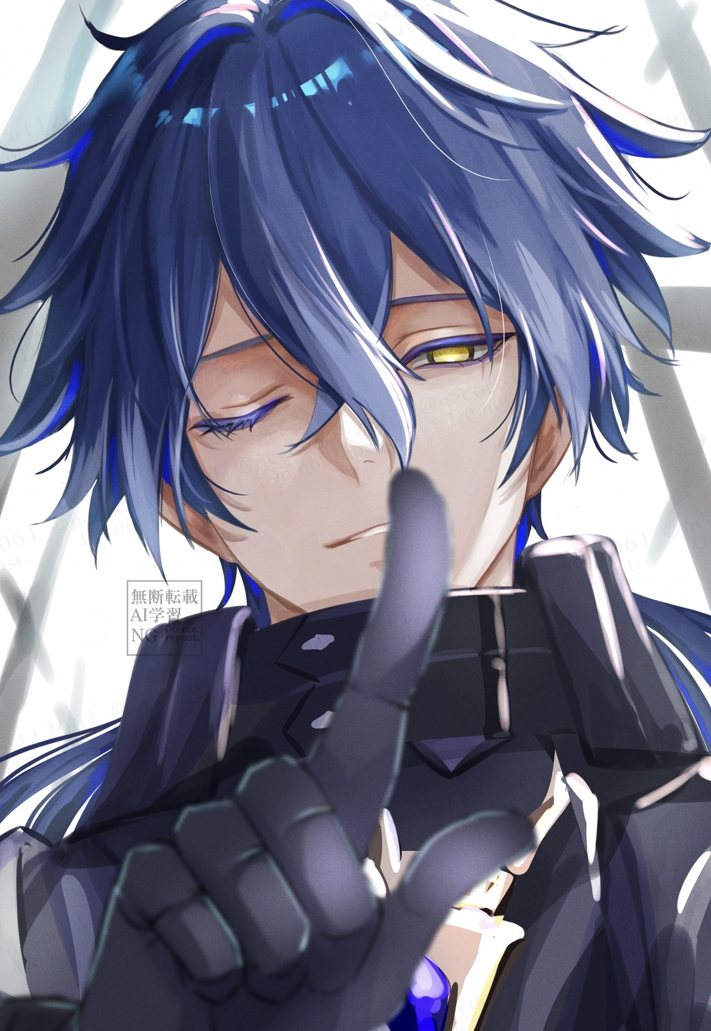 necoco112061, flins (genshin impact), genshin impact, commentary request, highres, 1boy, black gloves, blue hair, colored eyelashes, crossed bangs, double-parted bangs, gloves, index finger raised, long hair, looking at viewer, male focus, one eye closed, portrait, solo, upper body, watermark, wing collar, yellow eyes