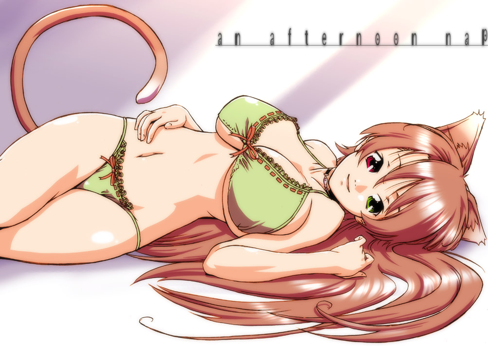 aida kan mori, original, 1girl, animal ears, bikini, breasts, cat ears, cleavage, female focus, green bikini, heterochromia, large breasts, lingerie, long hair, lying, navel, orange hair, smile, solo, swimsuit, tail, underboob, underwear