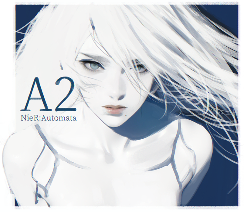 d.k, a2 (nier:automata), nier:automata, nier (series), commentary request, 1girl, bare shoulders, blue background, border, character name, collarbone, copyright name, floating hair, hair over one eye, limited palette, looking at viewer, mole, mole under mouth, outside border, seams, solo, straight-on, straight hair, upper body, white border, white hair
