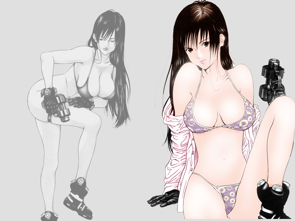 oku hiroya, shimohira reika, gantz, official art, official wallpaper, 00s, 1girl, bent over, black eyes, black hair, boots, bra, breasts, cleavage, closed eyes, dress shirt, floral print, flower, gloves, greyscale, gun, large breasts, leg up, legs, lingerie, lipstick, long hair, makeup, monochrome, no pants, off shoulder, open clothes, open shirt, panties, shirt, sitting, smile, spot color, standing, sunflower, thigh strap, thong, underwear, weapon