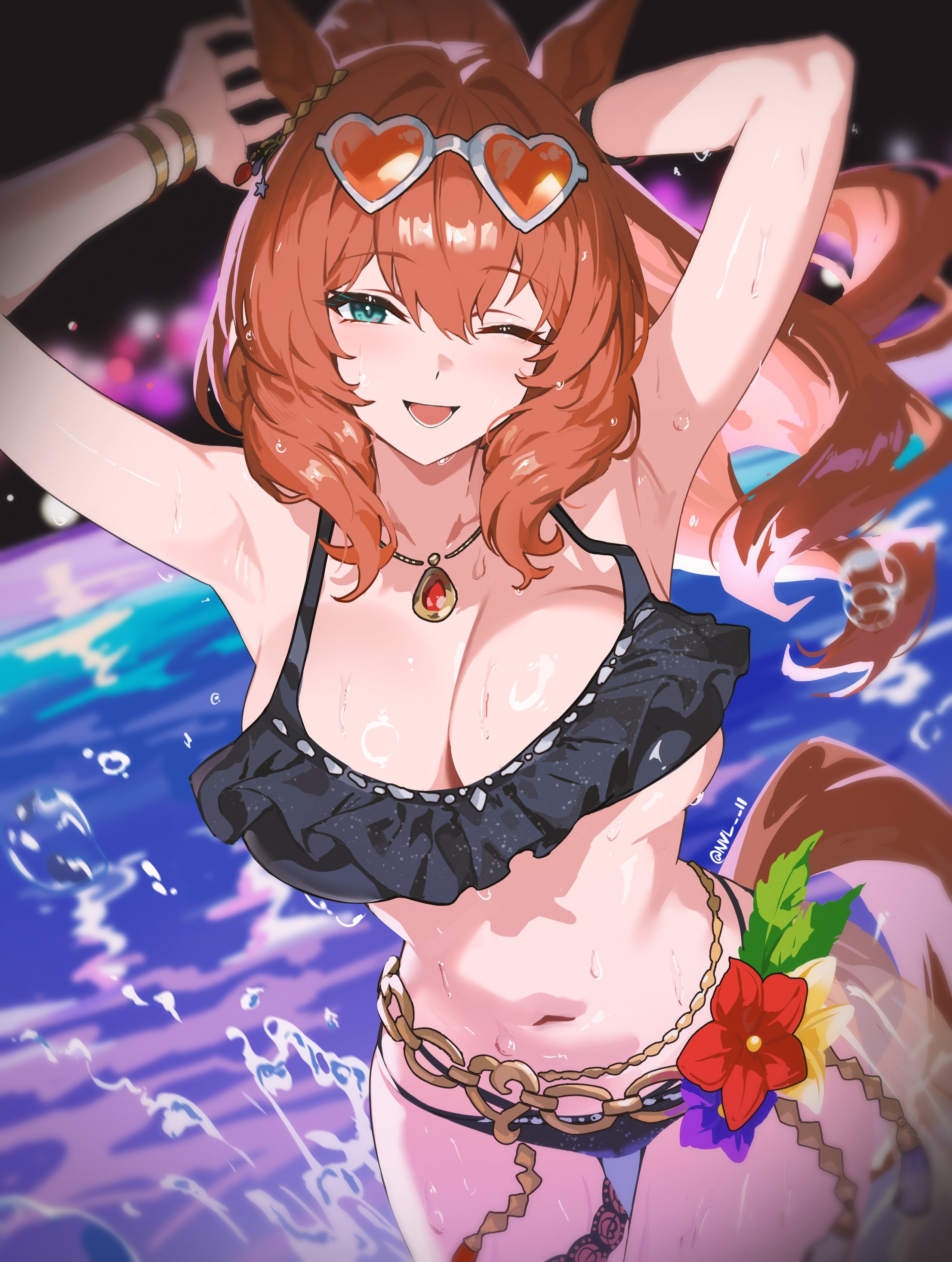 nvl, maruzensky (hot summer night) (umamusume), maruzensky (umamusume), umamusume, absurdres, commentary, highres, 1girl, animal ears, aqua eyes, armpits, arms up, bikini, black bikini, blurry, blurry background, bracelet, breasts, brown hair, cleavage, collarbone, eyewear on head, hair between eyes, heart, heart-shaped eyewear, horse ears, horse girl, horse tail, jewelry, large breasts, long hair, looking at viewer, navel, necklace, night, one eye closed, open mouth, ponytail, pool, smile, solo, stomach, sunglasses, swimsuit, tail, thigh gap, thighs, twitter username, wading, wet