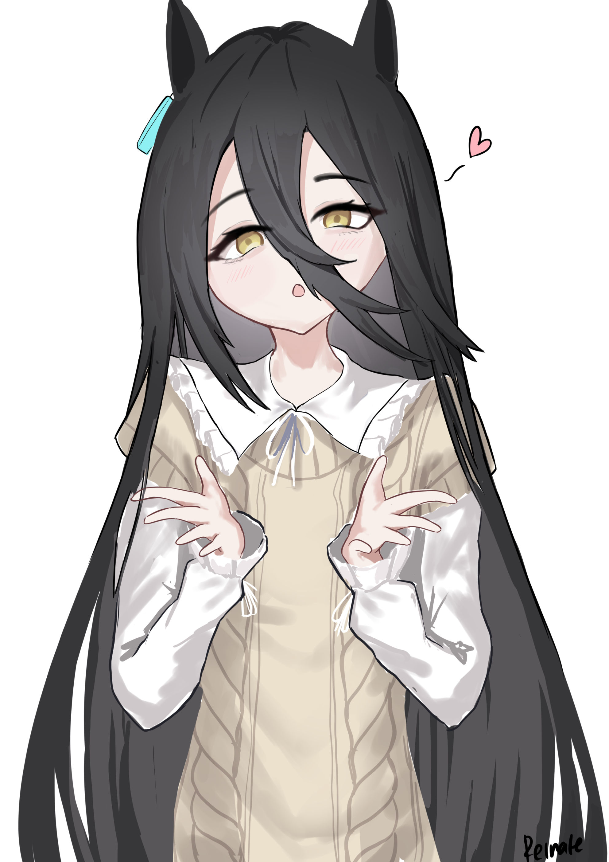 manhattan cafe (umamusume), umamusume, absurdres, highres, 1girl, animal ears, black hair, blowing kiss, casual, collared shirt, ear ornament, ear tag, earrings, hair between eyes, hands up, horse ears, horse girl, jewelry, long bangs, long hair, long hair between eyes, long sleeves, neck ribbon, no ahoge, open mouth, reinate, ribbon, shirt, short-sleeved sweater, short sleeves, simple background, single earring, solo, sweater, very long hair, white background, white ribbon, white shirt, yellow eyes, yellow sweater