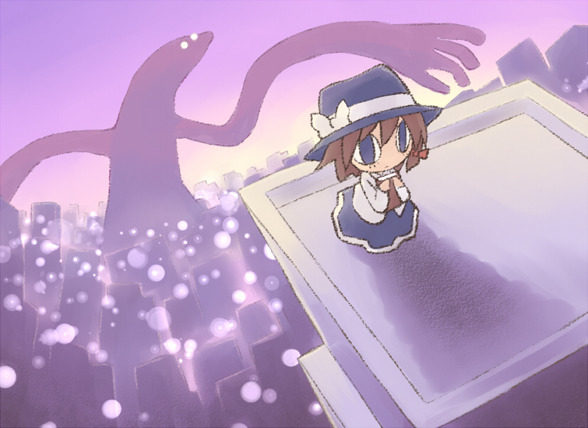 nekoguruma, usami renko, ghostly field club, touhou, 1girl, blue eyes, book, brown hair, chibi, female focus, full body, hair ribbon, hat, outdoors, ribbon, solo, standing
