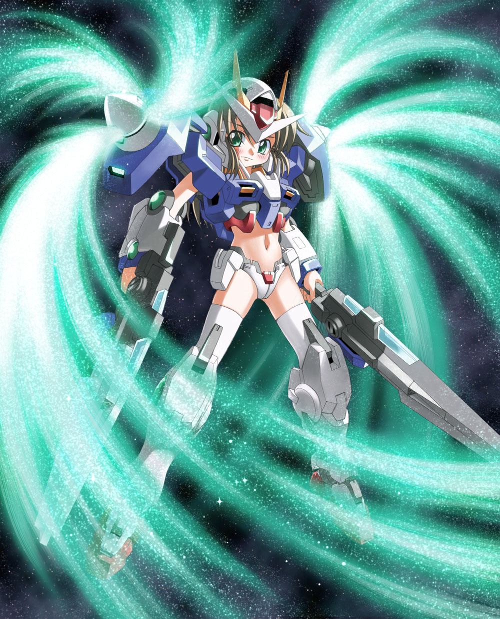 hidaka saki, 00 gundam, gundam, gundam 00, highres, 00s, mecha, mecha musume, navel, robot, solo, space