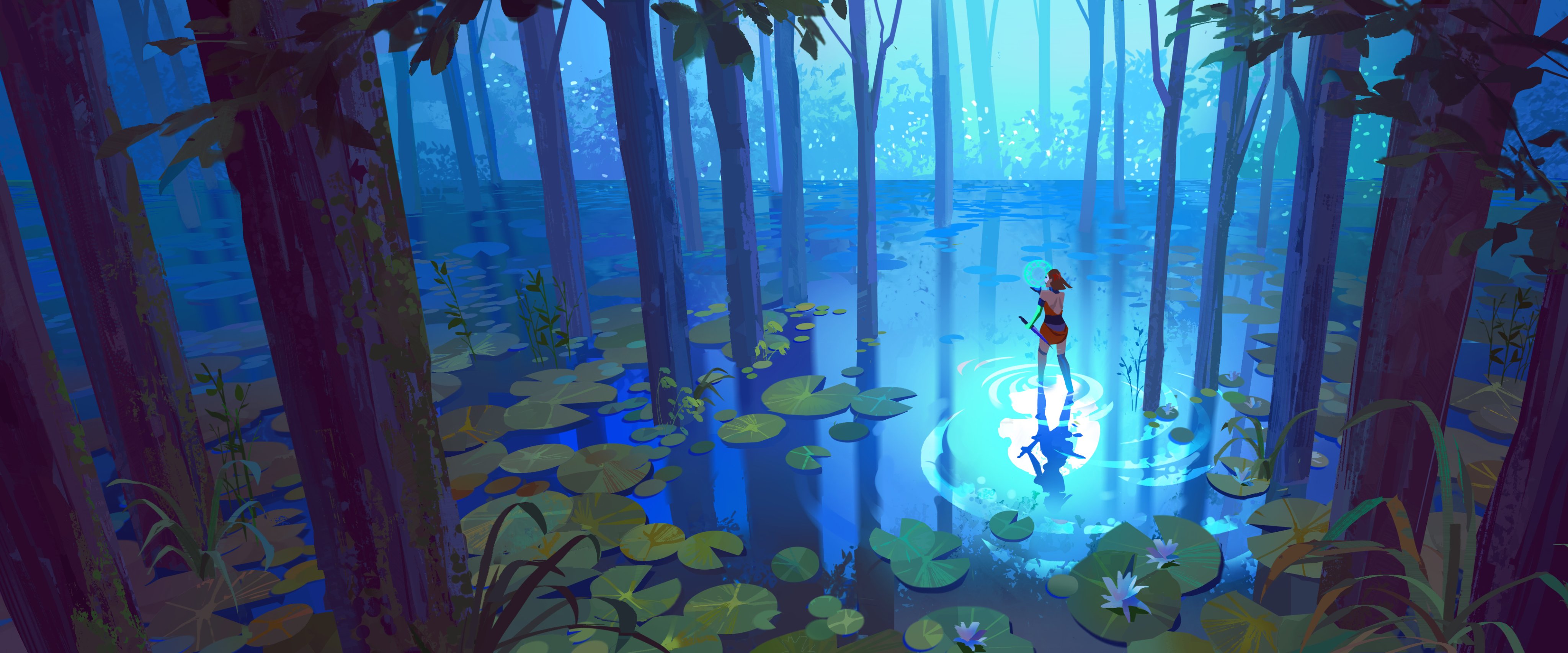 yingshiart, melinoe (hades), hades (series), hades 2, absurdres, highres, 1girl, forest, grass, horizon, lily pad, nature, outdoors, reflection, ripples, scenery, solo, tree, very wide shot, wading, water