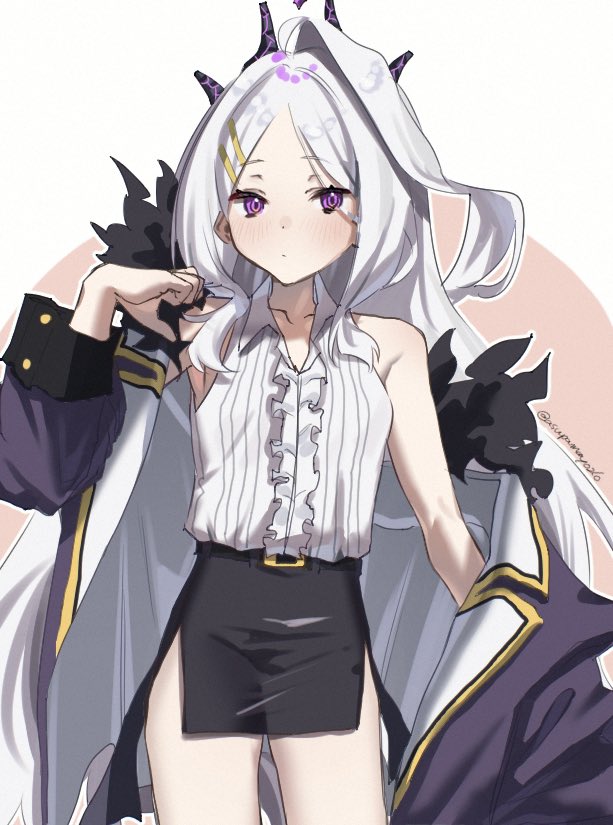 asupa mayo0210, hina (blue archive), blue archive, 1girl, ahoge, black coat, black skirt, breasts, coat, coat on shoulders, demon girl, demon horns, demon wings, eyeshadow, halo, horns, long hair, looking at viewer, low wings, makeup, purple eyes, purple eyeshadow, skirt, small breasts, solo, standing, very long hair, white hair, wings
