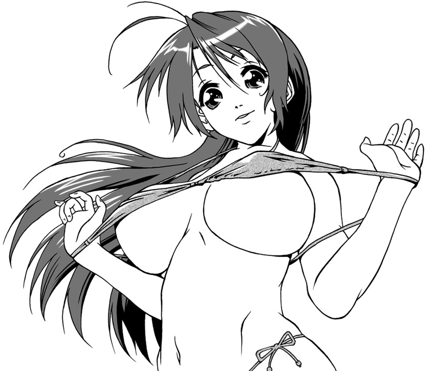 aida kan mori, original, 1girl, bikini, breasts, female focus, greyscale, large breasts, long hair, monochrome, solo, swimsuit, underboob