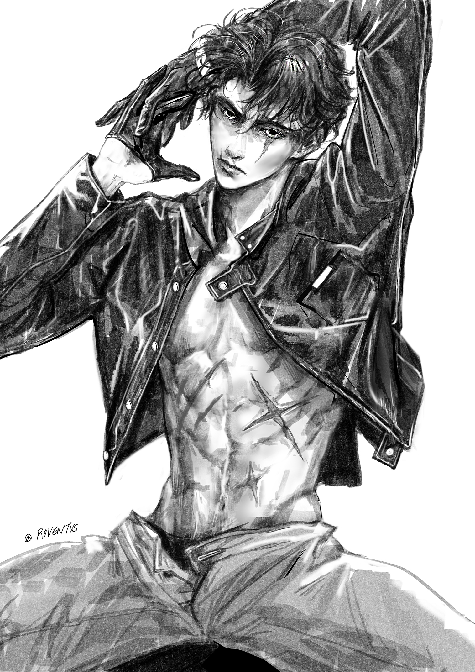 yoo joonghyuk, omniscient reader's viewpoint, highres, 1boy, abs, adjusting clothes, adjusting gloves, arms up, black gloves, black hair, black jacket, expressionless, gloves, greyscale, head tilt, jacket, leather, leather jacket, looking at viewer, male focus, male underwear, monochrome, no shirt, open fly, pectorals, roventus, scar, scar across eye, scar on chest, scar on face, short hair, solo, spread legs, underwear