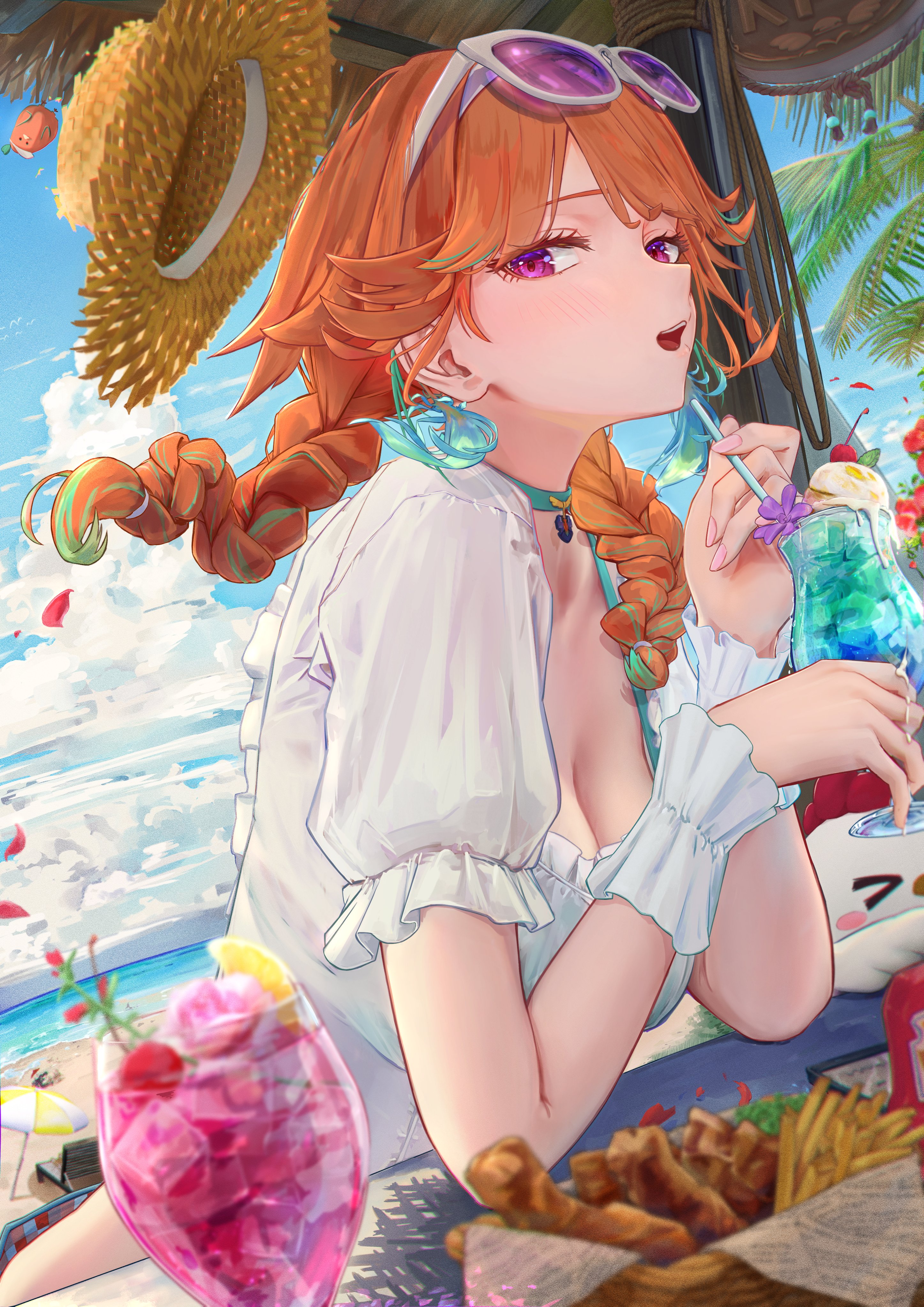 hinataaoi (iraiuketsukechuu), kfp employee (takanashi kiara), kotori (takanashi kiara), takanashi kiara, takanashi kiara (casual), hololive, hololive english, absurdres, highres, 1girl, bird, braid, breasts, chicken, chicken (food), choker, cleavage, cup, drink, drinking straw, earrings, eyewear on head, feather earrings, feathers, food, french fries, fried chicken, fruit, green choker, hat, ice, ice cube, jewelry, lemon, lemon slice, long hair, looking at viewer, official alternate costume, open mouth, orange hair, purple eyes, solo, straw hat, sunglasses, twin braids, virtual youtuber