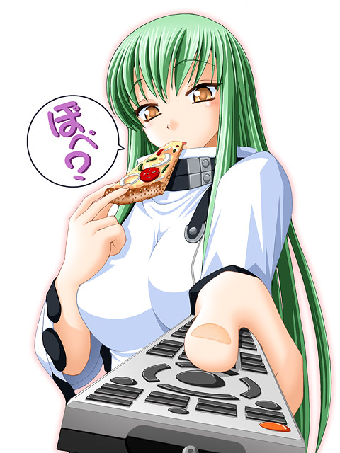 keito, c.c., code geass, translation request, 00s, 1girl, breasts, controller, eating, female focus, food, foreshortening, green hair, large breasts, long hair, pizza, pizza slice, remote control, simple background, solo, speech bubble, very long hair, white background, yellow eyes