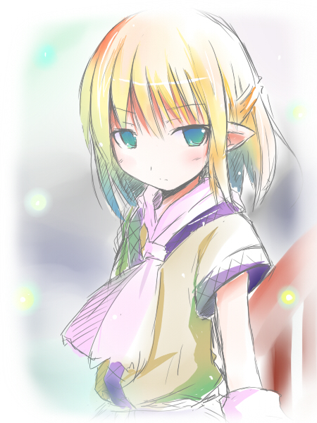 shichinose, mizuhashi parsee, touhou, 1girl, arm warmers, blonde hair, female focus, green eyes, half updo, necktie, pointy ears, short hair, solo, upper body
