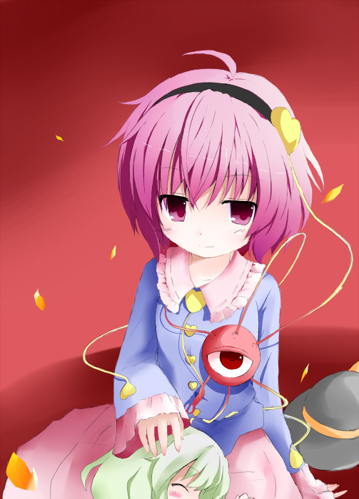 shichinose, komeiji koishi, komeiji satori, touhou, 2girls, ahoge, child, female focus, green hair, hairband, hat, heart, multiple girls, petals, pink eyes, pink hair, siblings, sisters