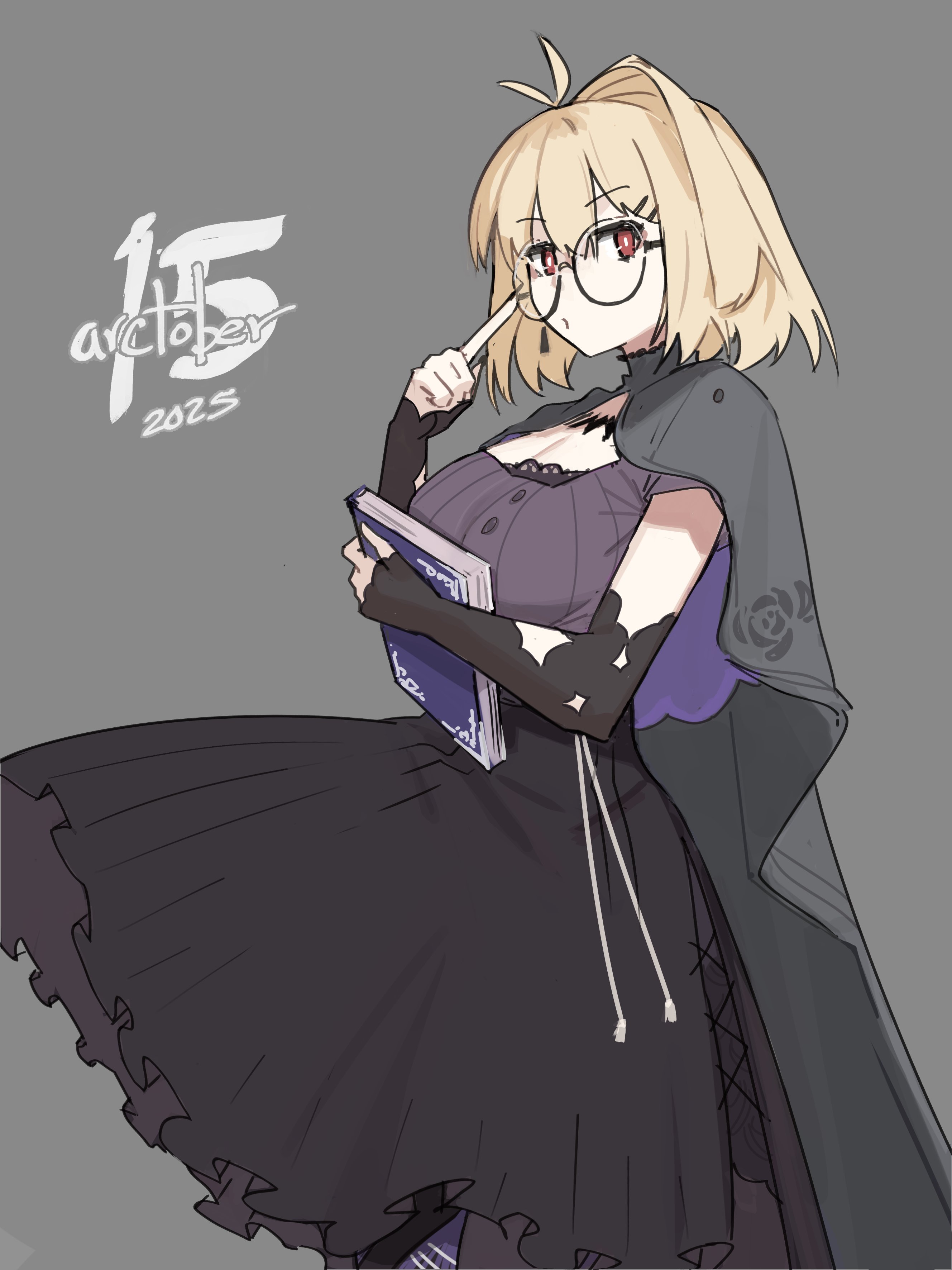 jonyeld, arcueid brunestud, baobhan sith (fate), baobhan sith (swimsuit pretender) (second ascension) (fate), fate/grand order, fate (series), tsukihime, absurdres, highres, 1girl, black dress, black skirt, blonde hair, book, breasts, cosplay, dated, dress, glasses, large breasts, looking at viewer, red eyes, short hair, skirt