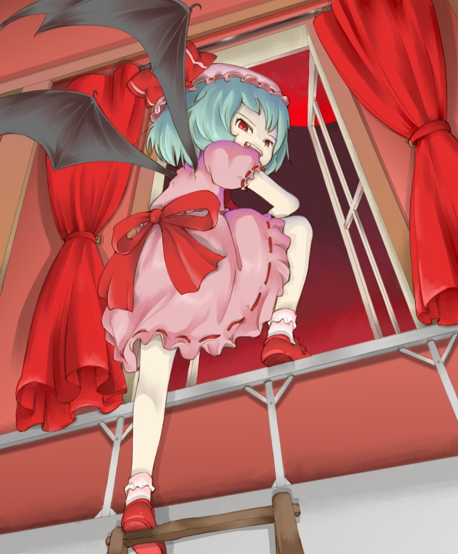 ohyo, remilia scarlet, touhou, 1girl, bat wings, blue hair, bow, curtains, dress, fang, female focus, from below, hat, indoors, ladder, large bow, looking back, moon, red eyes, red moon, ribbon, sky, smirk, solo, vampire, window, wings