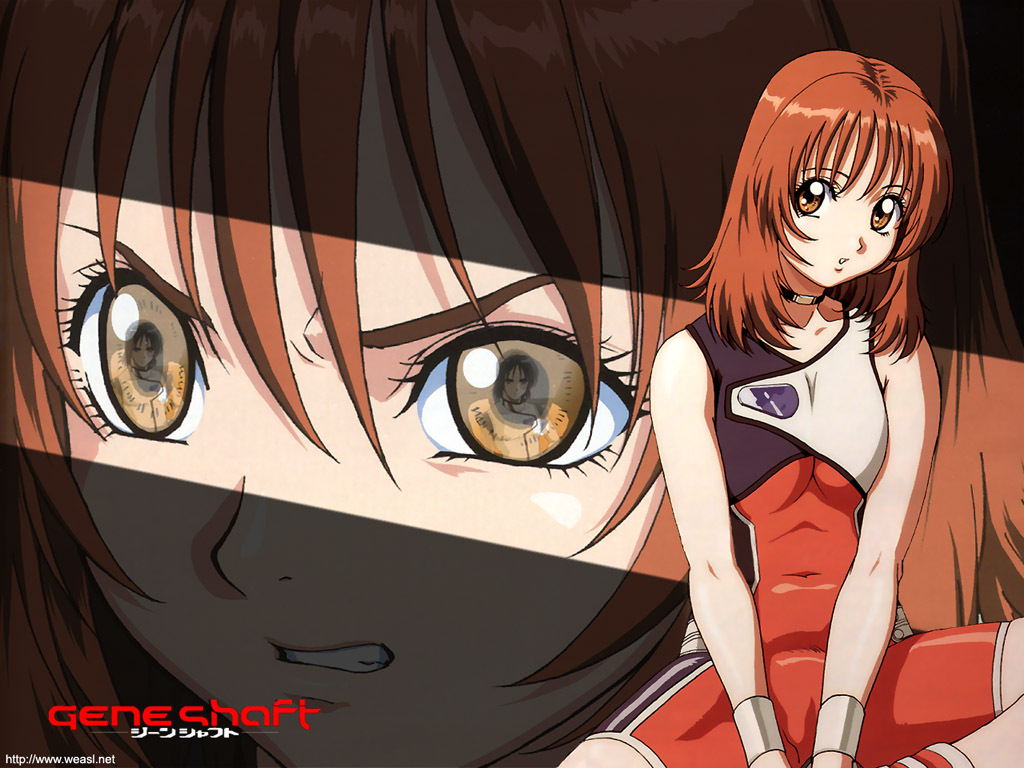 ooshima yasuhiro, hiroto amagiwa, mika seidou, geneshaft, uniform, official art, official wallpaper, 00s, 1boy, 1girl, :o, angry, bare shoulders, black eyes, black hair, bodysuit, breasts, brown hair, choker, clenched teeth, close-up, copyright name, covered navel, eye contact, eye focus, eye reflection, flat chest, hair between eyes, looking at another, looking at viewer, navel, orange eyes, parted bangs, parted lips, reflection, short hair, sitting, sleeveless, small breasts, spread legs, teeth, turtleneck, v arms, watermark, web address, wristband