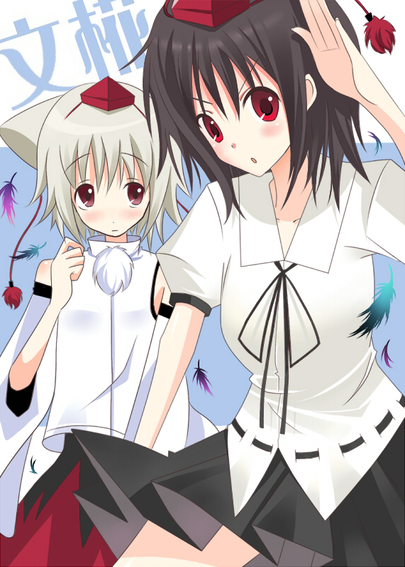 kyu, inubashiri momiji, shameimaru aya, touhou, silver hair, bad id, bad pixiv id, 2girls, animal ears, black hair, detached sleeves, feathers, female focus, hat, multiple girls, red eyes, standing, tokin hat, wolf ears