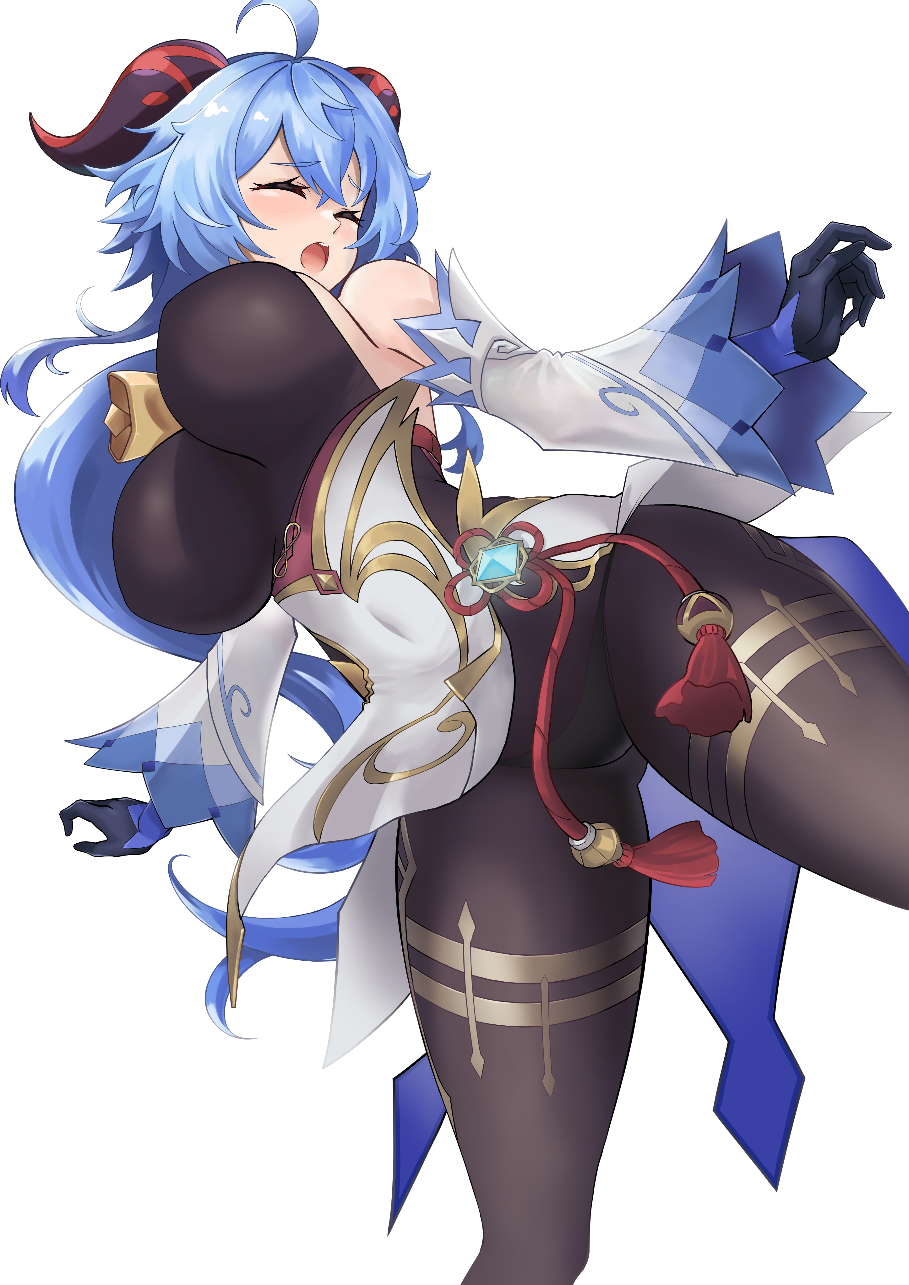 task baron, ganyu (genshin impact), genshin impact, absurdres, highres, 1girl, ahoge, bell, black bodysuit, black gloves, black panties, blue hair, bodysuit, bouncing breasts, breasts, closed eyes, cowboy shot, detached sleeves, gloves, horns, impossible bodysuit, impossible clothes, legs apart, long hair, open mouth, panties, raised eyebrows, simple background, solo, tassel, thighs, underwear, white background, white sleeves