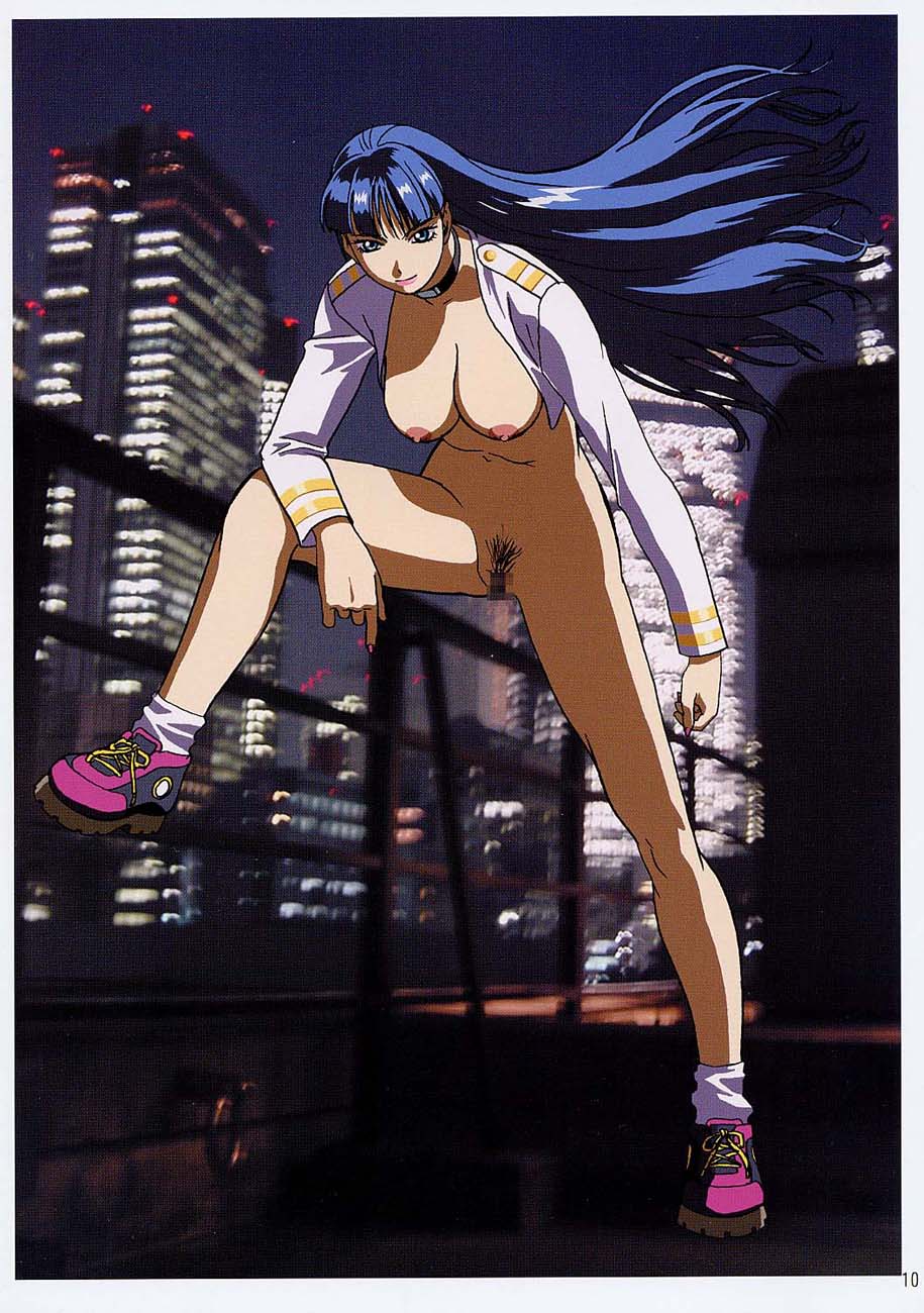 ooshima yasuhiro, sofia galgalim, geneshaft, lights, highres, non-web source, official art, scan, scan artifacts, 00s, 1girl, blue eyes, blue hair, blunt bangs, blurry, border, bottomless, breasts, building, censored, choker, city, crop top, depth of field, female focus, female pubic hair, glowing, hanging breasts, large breasts, leaning forward, leg lift, legs, lipstick, long hair, looking at viewer, makeup, matching hair/eyes, military, military uniform, mosaic censoring, naughty face, night, night sky, nipples, no bra, open clothes, open shirt, outdoors, photo background, pubic hair, public indecency, pussy, shirt, shoes, sky, smile, sneakers, socks, solo, spread legs, standing, wind