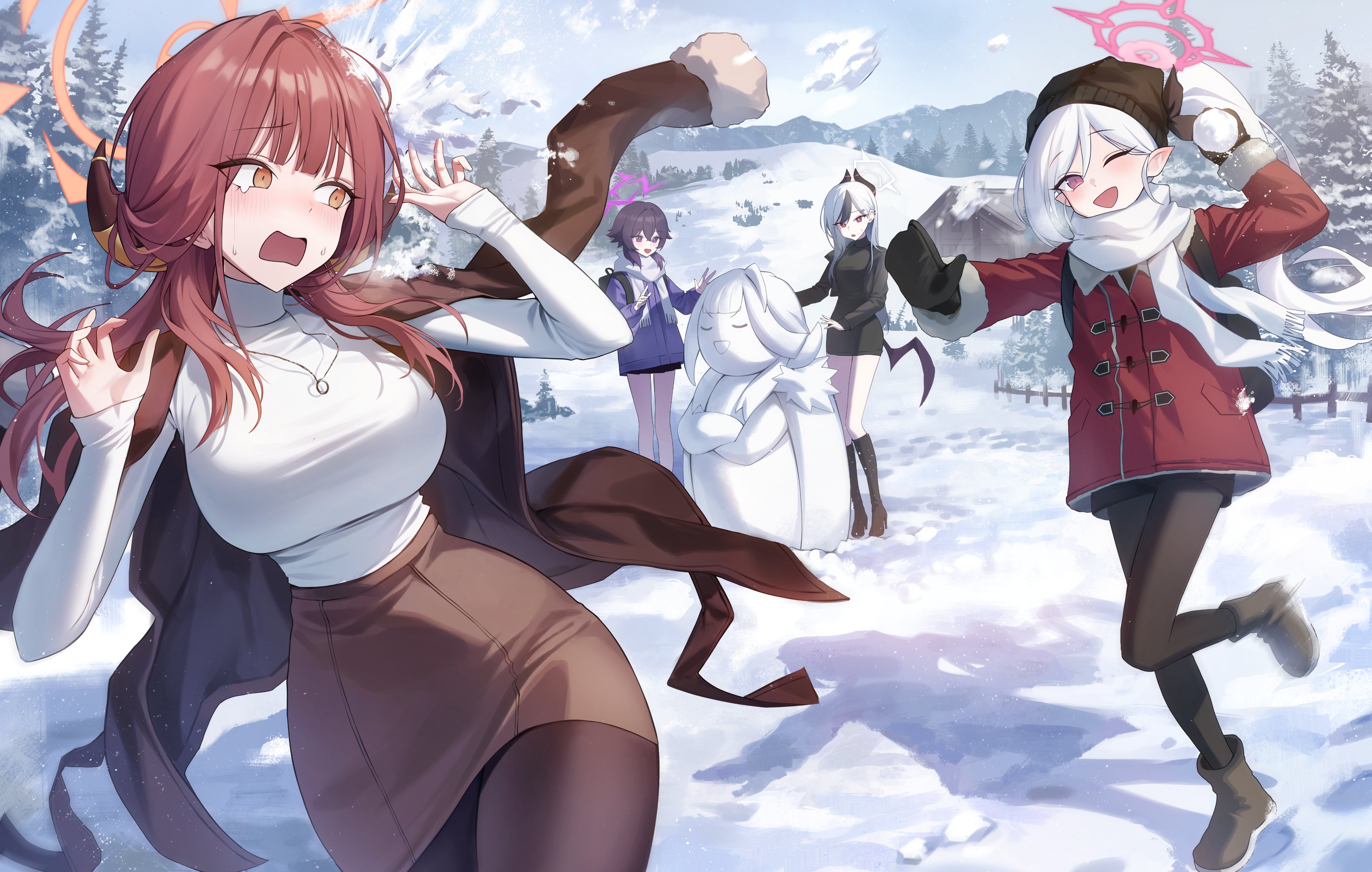 okkimon, aru (blue archive), haruka (blue archive), kayoko (blue archive), mutsuki (blue archive), blue archive, character snowman, absurdres, commentary, highres, 4girls, alternate costume, backpack, bag, beanie, black boots, black dress, black hair, black horns, black jacket, black pantyhose, boots, breasts, brown coat, brown eyes, brown pantyhose, brown skirt, building snowman, coat, coat on shoulders, cropped jacket, day, demon horns, demon wings, dress, dripping eye, fence, fur-trimmed jacket, fur-trimmed sleeves, fur trim, halo, hat, holding, holding snowball, horns, jacket, jewelry, large breasts, long hair, motion blur, mountainous horizon, multicolored hair, multiple girls, necklace, one eye closed, open mouth, orange halo, outdoors, panicking, pantyhose, pink halo, pointy ears, ponytail, purple eyes, purple hair, purple halo, purple jacket, red eyes, red jacket, ring, ring necklace, scarf, shirt, single tear, single wing, skirt, smile, snow, snowball, snowball fight, tree, turtleneck, turtleneck shirt, two-tone hair, white hair, white halo, white scarf, white shirt, wide hips, wings, winter