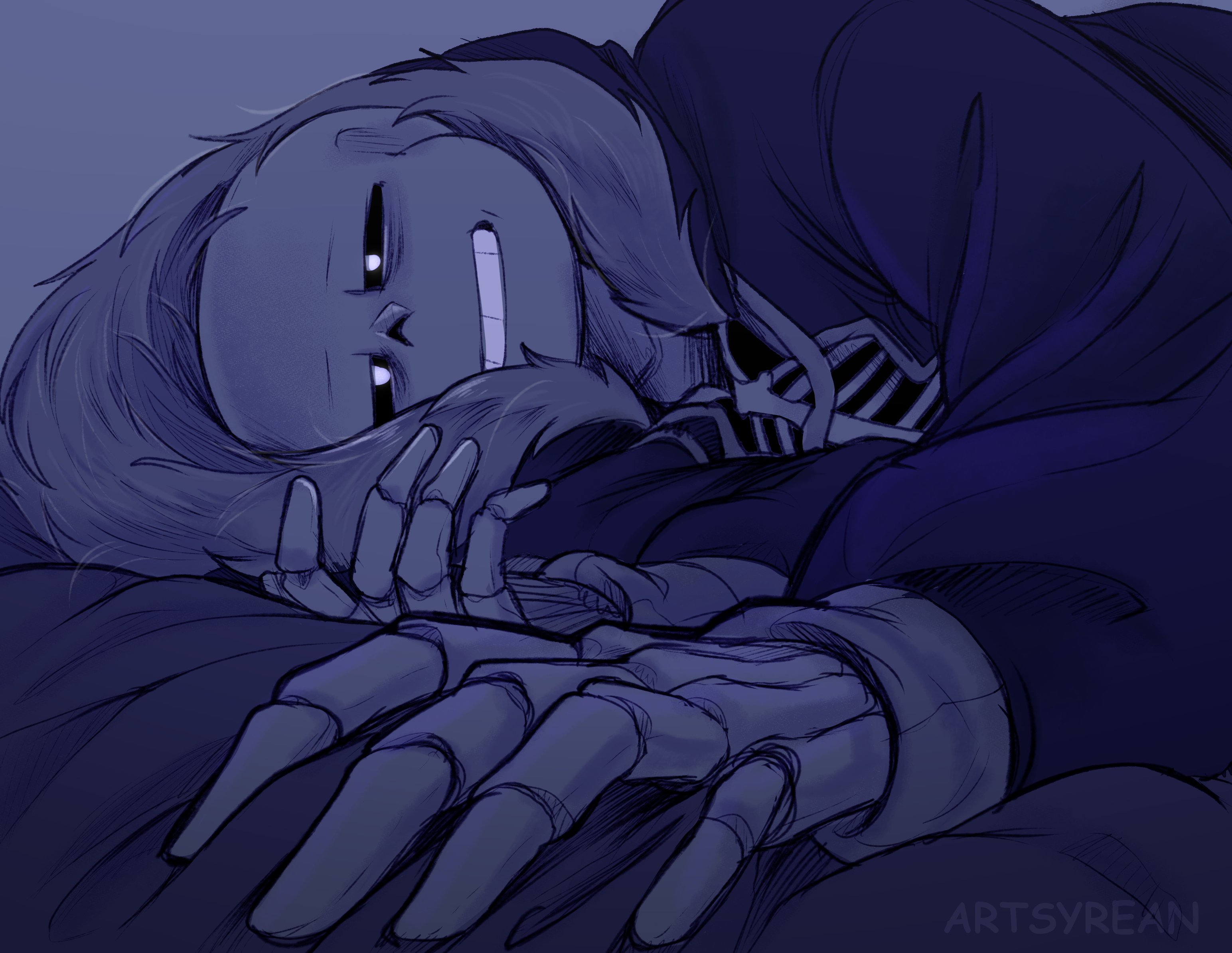 artsyrean, sans (undertale), undertale, utdr (toby fox), commentary, english commentary, highres, 1boy, blue hoodie, fur-trimmed hood, fur trim, grin, hood, hoodie, long sleeves, looking at viewer, on bed, ribs, skeleton, smile, teeth