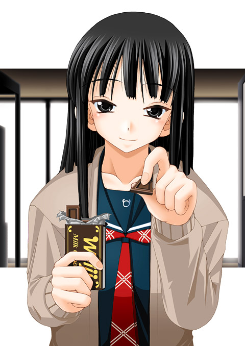 keito, meiji (brand), 1girl, black eyes, black hair, candy, chocolate, chocolate bar, female focus, food, long hair, school uniform, smile, solo
