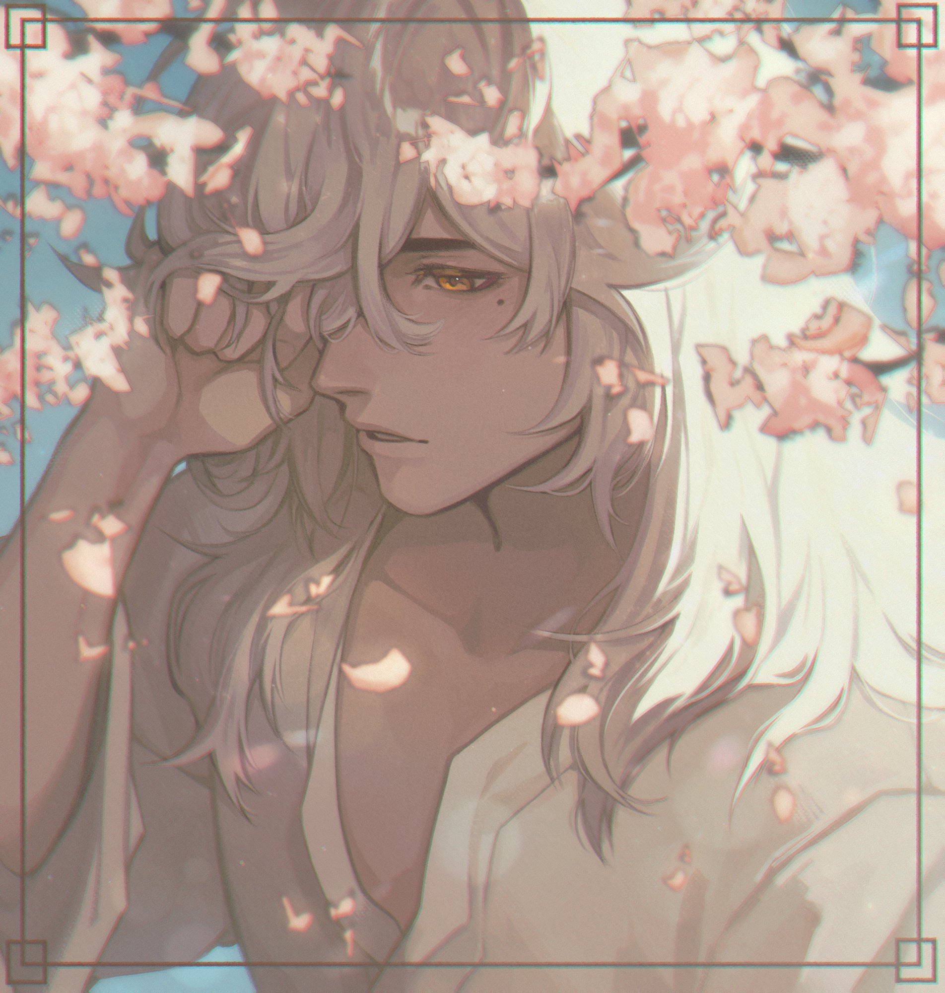 jing yuan, honkai: star rail, honkai (series), commentary, english commentary, highres, 1boy, arm up, cherry blossoms, collared shirt, dokuseishi, flower, hair over one eye, inset border, long hair, male focus, mole, mole under eye, one eye covered, open collar, parted lips, pink flower, rubbing eyes, shirt, solo, upper body, white shirt, yellow eyes