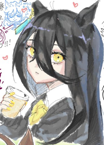 ri ri 0818, manhattan cafe (umamusume), umamusume, 1girl, animal ears, black hair, black sweater, bow, closed mouth, collared shirt, cup, disposable cup, ear ornament, ear tag, earrings, hair between eyes, heart, holding, holding cup, horse ears, horse girl, jewelry, light blush, long hair, long hair between eyes, nail polish, shirt, single earring, solo, sweater, very long hair, white shirt, yellow bow, yellow eyes, yellow nails