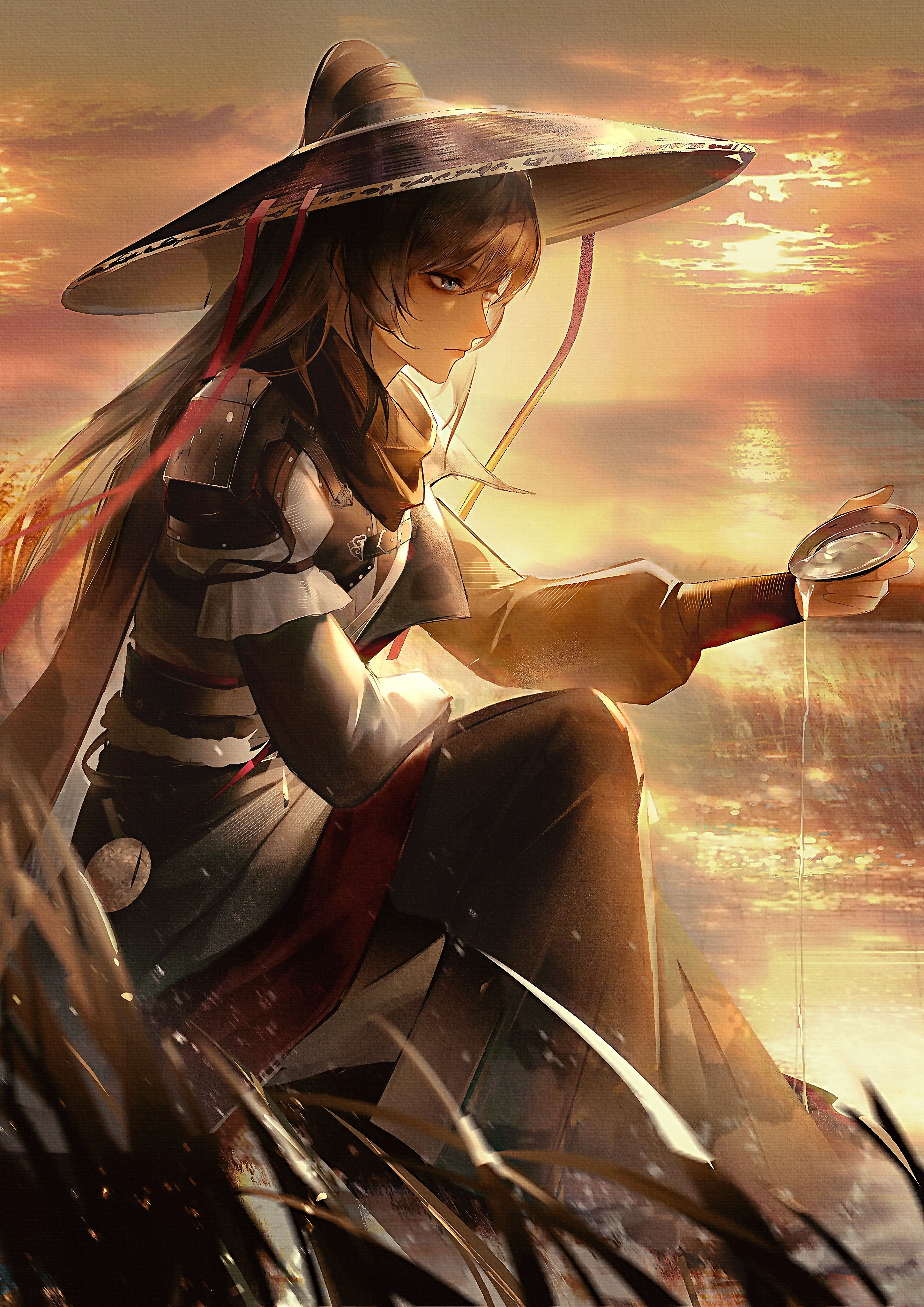 qingci, horo (path to nowhere), path to nowhere, absurdres, highres, 1girl, aged up, bandana, bandana around neck, black bandana, black hair, black pants, blue eyes, bowl, cloud, expressionless, from side, hair through headwear, hat, lake, large hat, light particles, long hair, outdoors, pants, puffy sleeves, reeds, sash, shoulder pads, sitting, sky, solo, spilling, straight hair, sunset, twilight, wuxia