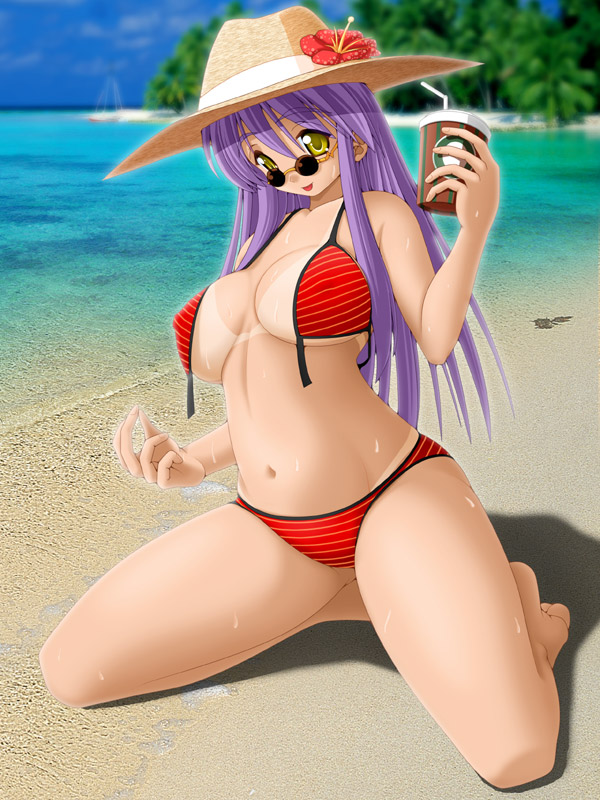 keito, original, untied, 1girl, :p, barefoot, beach, bikini, bikini tan, breasts, breasts apart, day, drink, drinking straw, female focus, flower, front-tie top, hat, hat flower, head tilt, hibiscus, kneeling, large breasts, long hair, looking at viewer, ocean, outdoors, photo background, purple hair, red bikini, sand, shadow, solo, striped bikini, striped clothes, sunglasses, sweat, swimsuit, tan, tanline, tongue, tongue out, water, yellow eyes