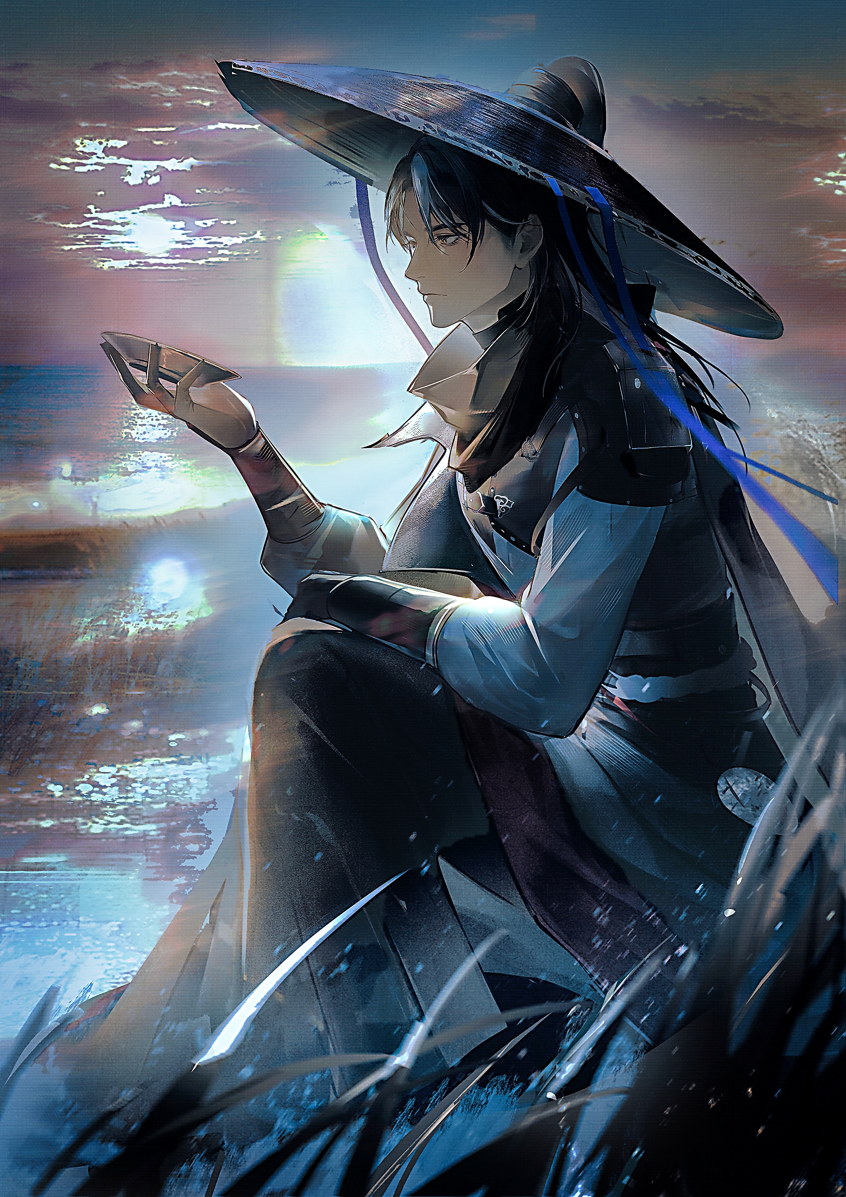 qingci, earl (path to nowhere), path to nowhere, absurdres, highres, 1boy, bandana, bandana around neck, black bandana, black hair, black hat, bowl, forehead, from side, full body, hair through headwear, hat, holding, holding bowl, lake, large hat, long hair, looking at object, male focus, multicolored hair, parted bangs, reeds, rope belt, sash, shoulder pads, sitting, solo, streaked hair, sunrise