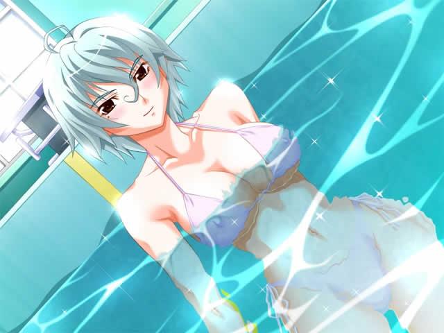 jpeg artifacts, 1girl, ahoge, bikini, breasts, brown eyes, cleavage, covered erect nipples, curvy, dutch angle, female focus, indoors, large breasts, looking at viewer, partially submerged, pool, short hair, smile, solo, standing, submerged, swimsuit, white hair, window