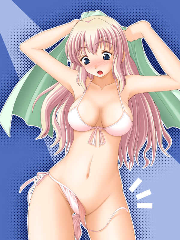 keito, sheryl nome, macross, macross frontier, untied, 00s, 1girl, :o, armpits, arms up, bikini, blue eyes, blush, breasts, female focus, groin, long hair, pink hair, side-tie bikini bottom, solo, swimsuit, towel, wardrobe malfunction, white bikini